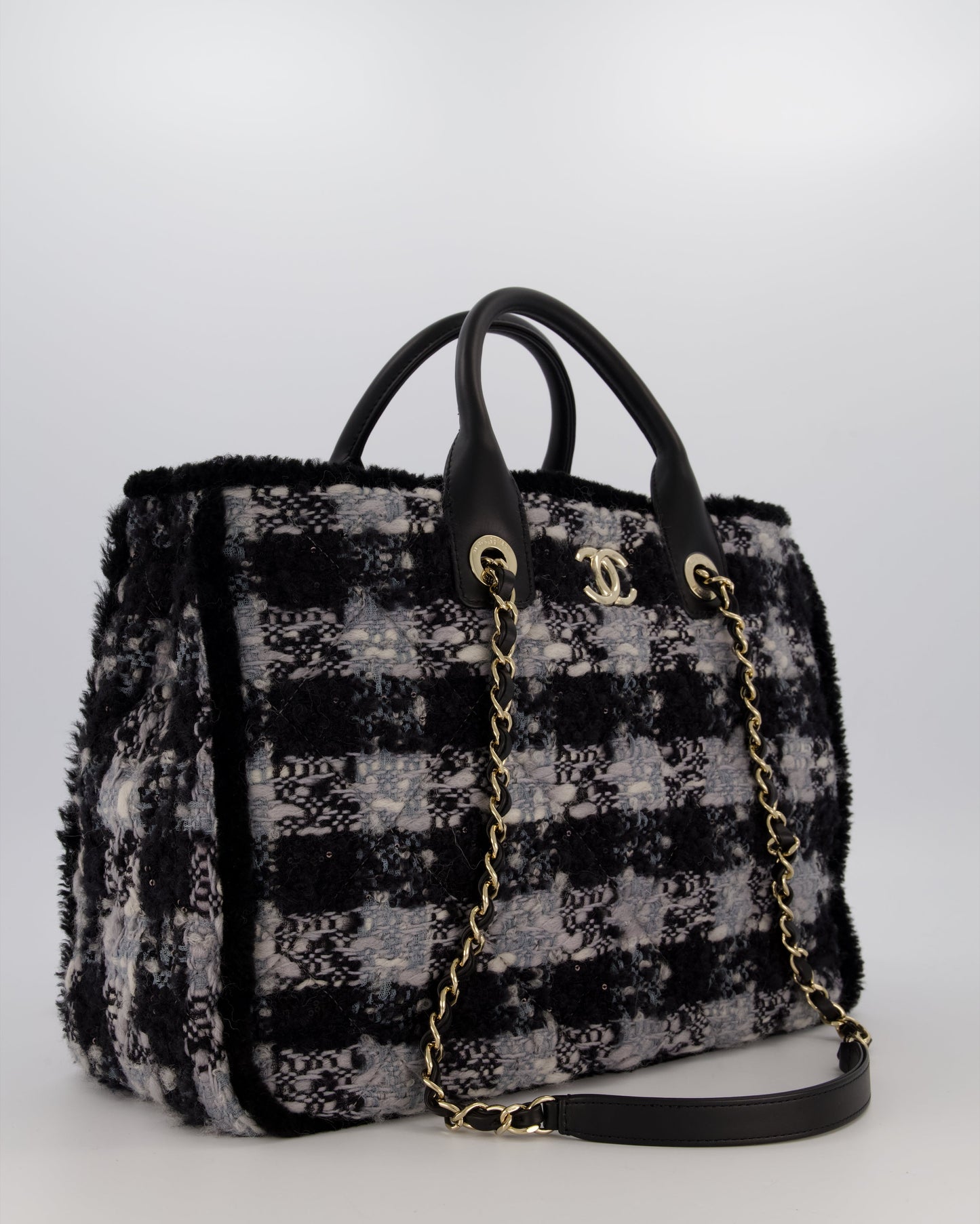 Chanel 25N Grey and Black Oqilted Tweed Shopping Tote Bag With Champagne Gold Hardware and Leather Handle