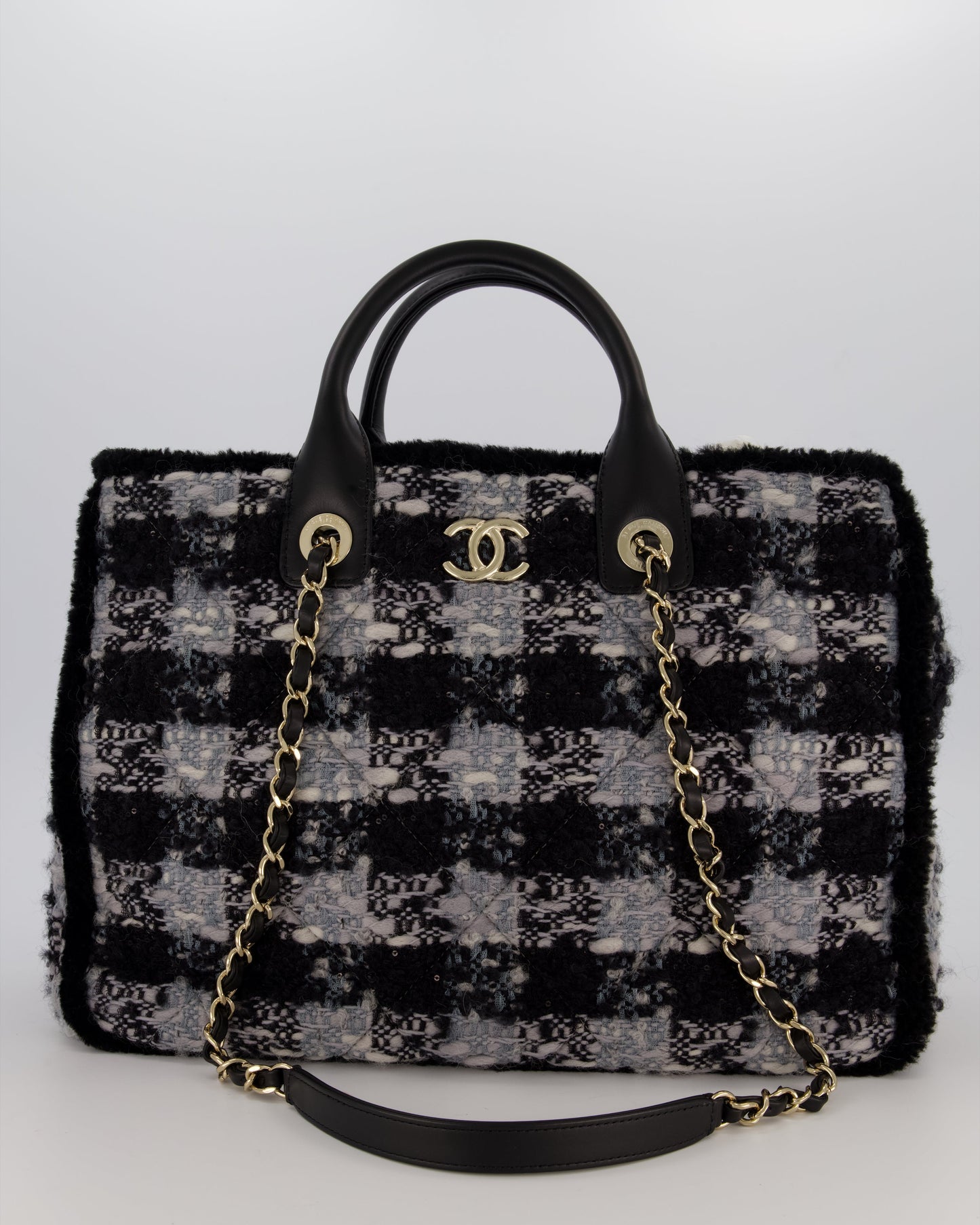 Chanel 25N Grey and Black Oqilted Tweed Shopping Tote Bag With Champagne Gold Hardware and Leather Handle