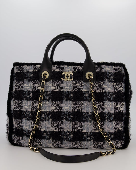 Chanel 25N Grey and Black Oqilted Tweed Shopping Tote Bag With Champagne Gold Hardware and Leather Handle