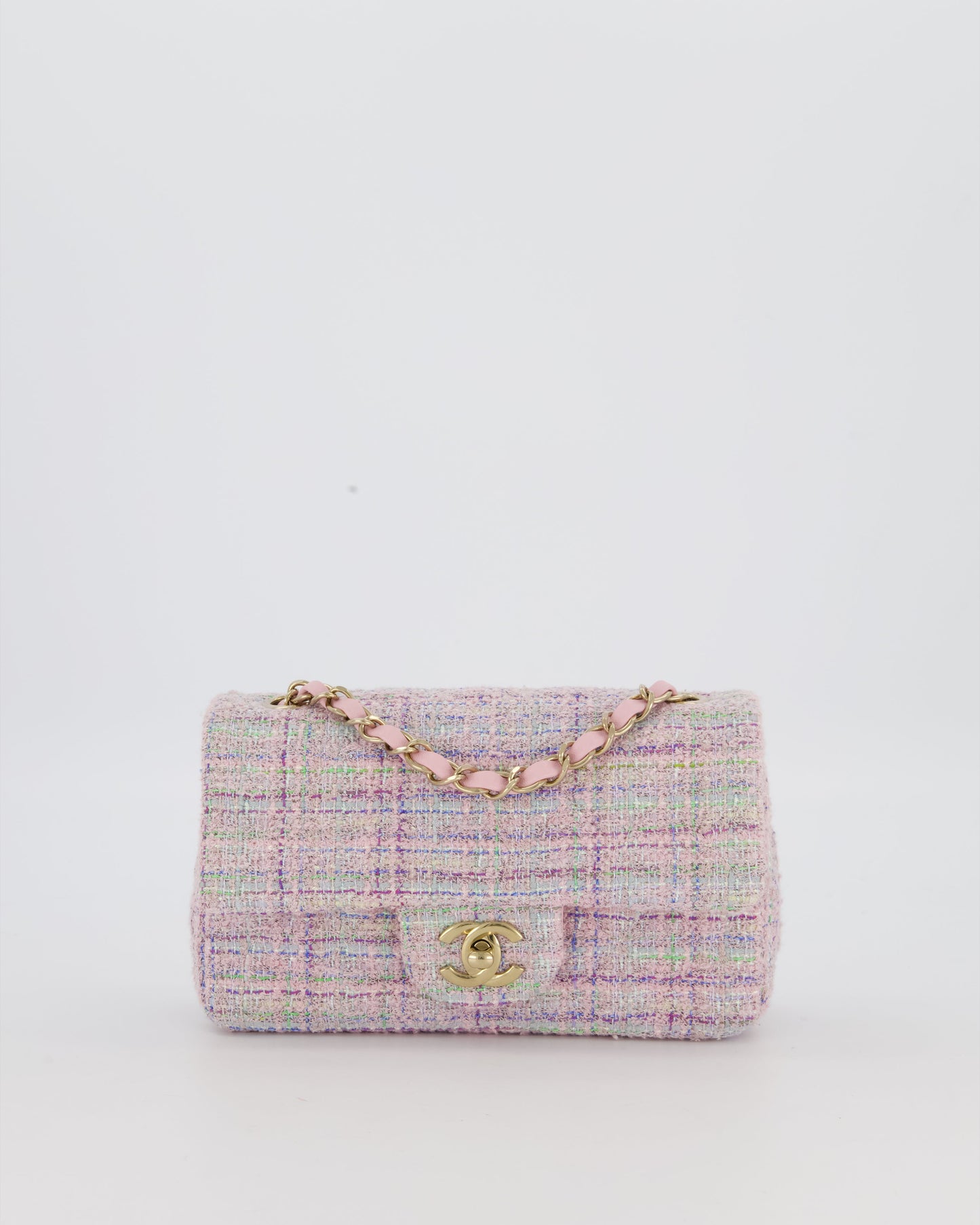 Chanel Lilac, Blue and Green Tweed Mini Rectangular Single Flap Bag with Gold Hardware