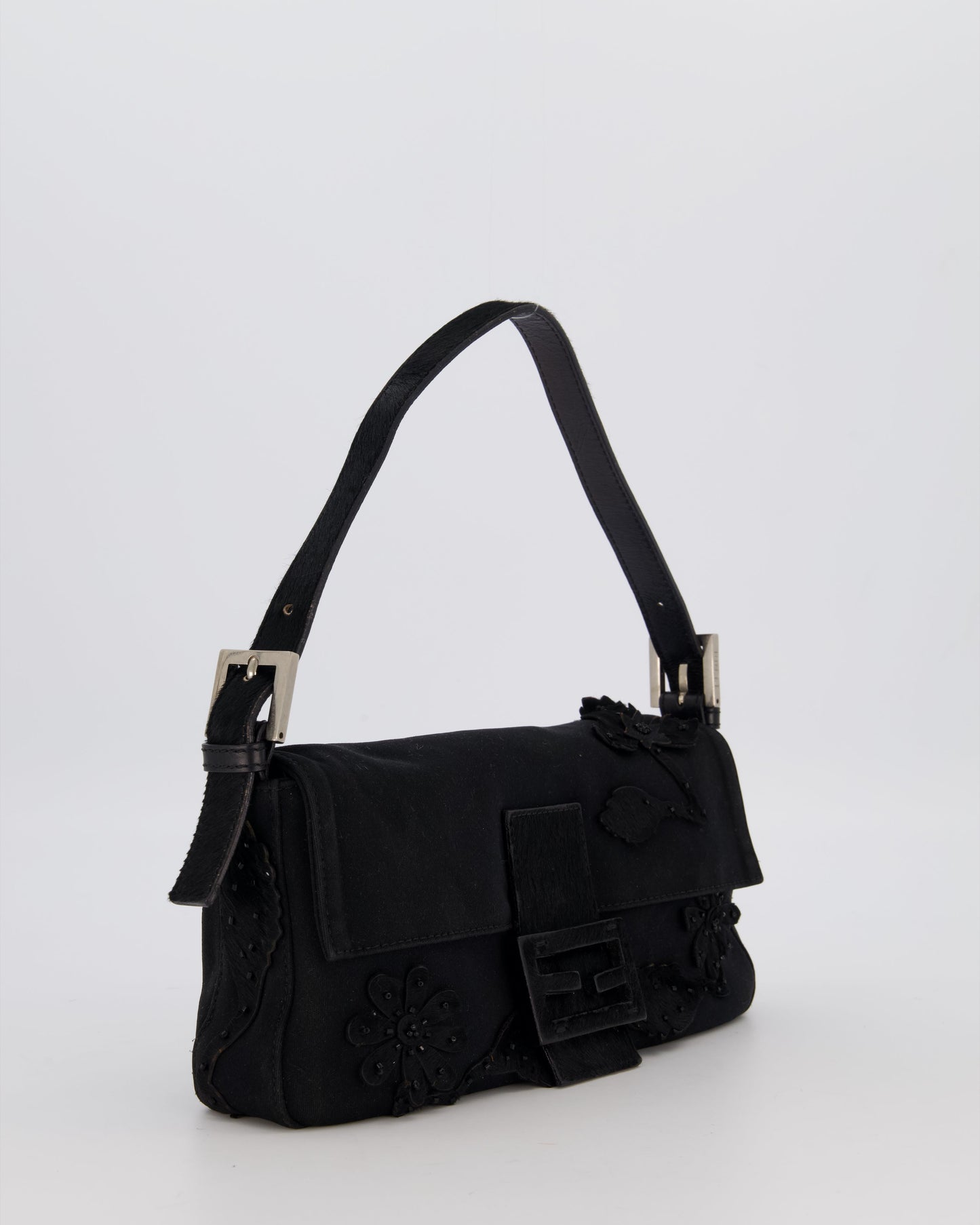 Fendi Black Baguette Floral Appliqué Shoulder Bag in Fabric & Pony Hair with Silver Hardware