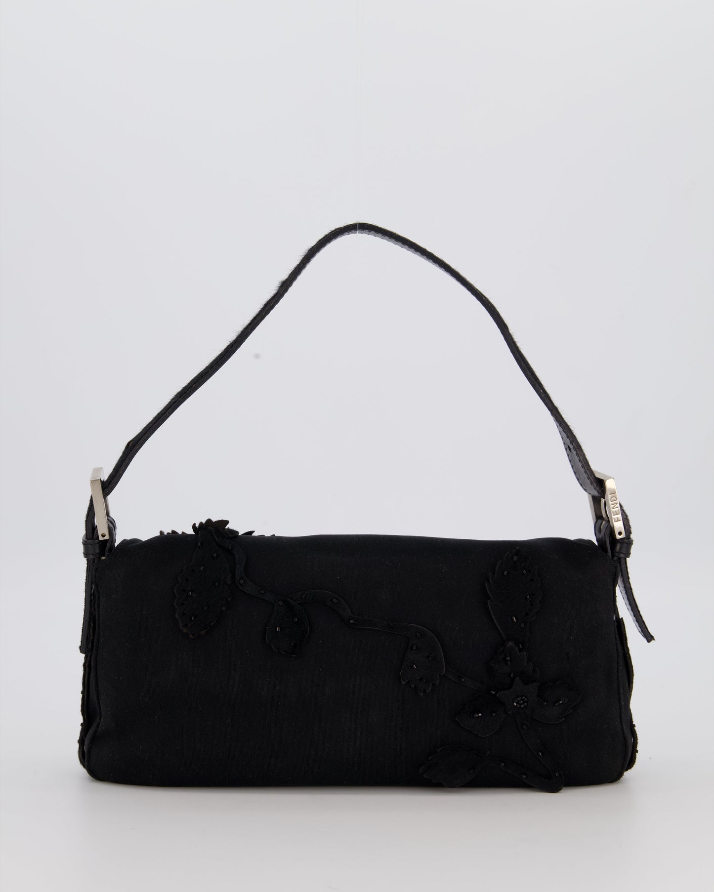 Fendi Black Baguette Floral Appliqué Shoulder Bag in Fabric & Pony Hair with Silver Hardware