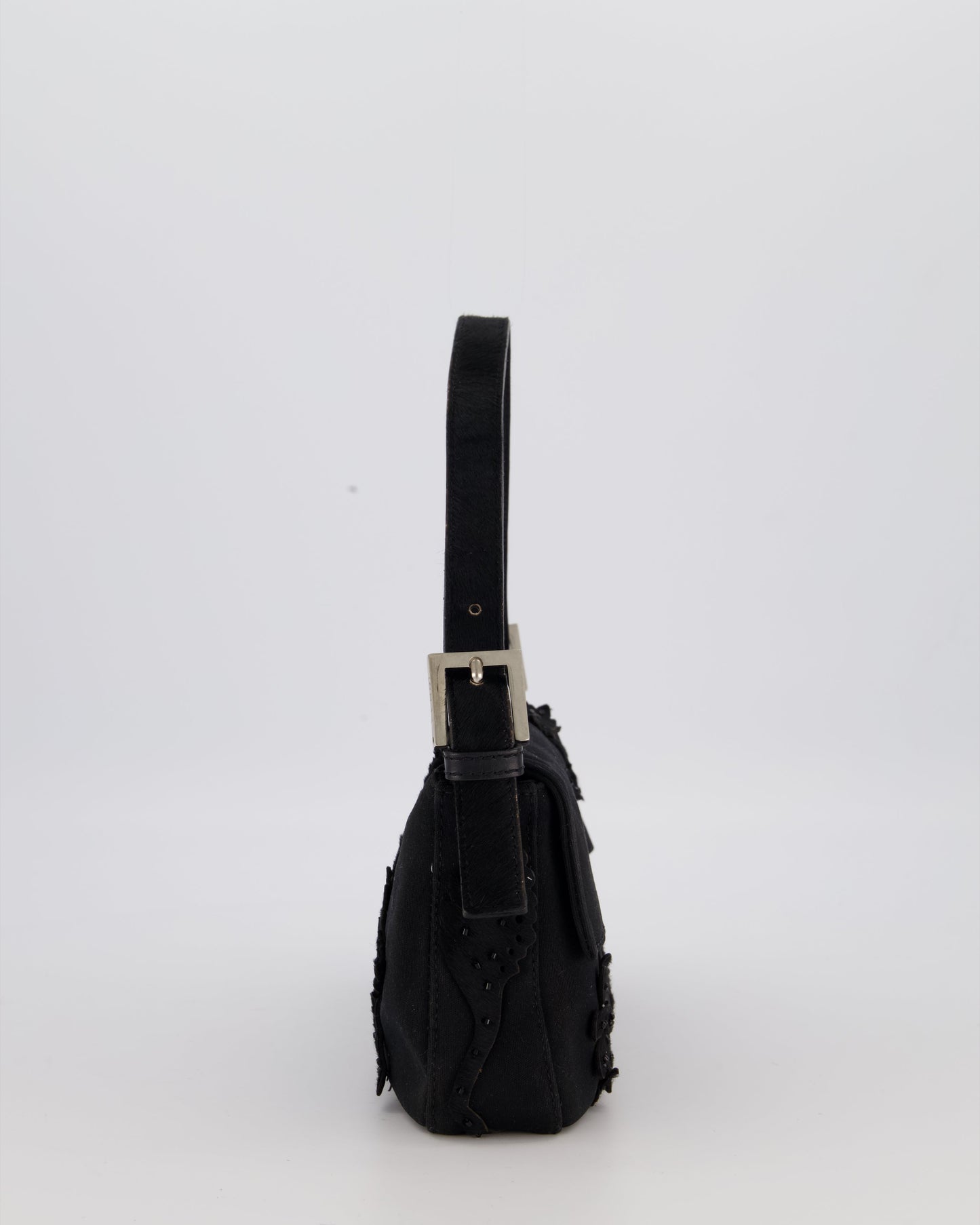 Fendi Black Baguette Floral Appliqué Shoulder Bag in Fabric & Pony Hair with Silver Hardware