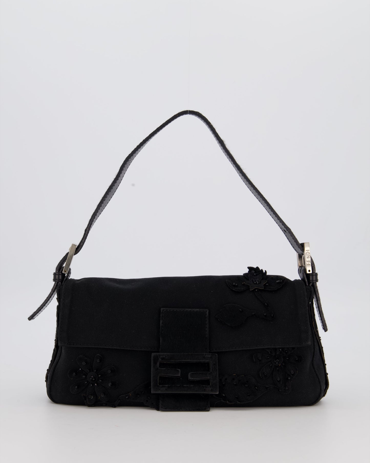 Fendi Black Baguette Floral Appliqué Shoulder Bag in Fabric & Pony Hair with Silver Hardware