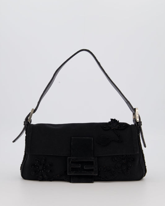 Fendi Black Baguette Floral Appliqué Shoulder Bag in Fabric & Pony Hair with Silver Hardware