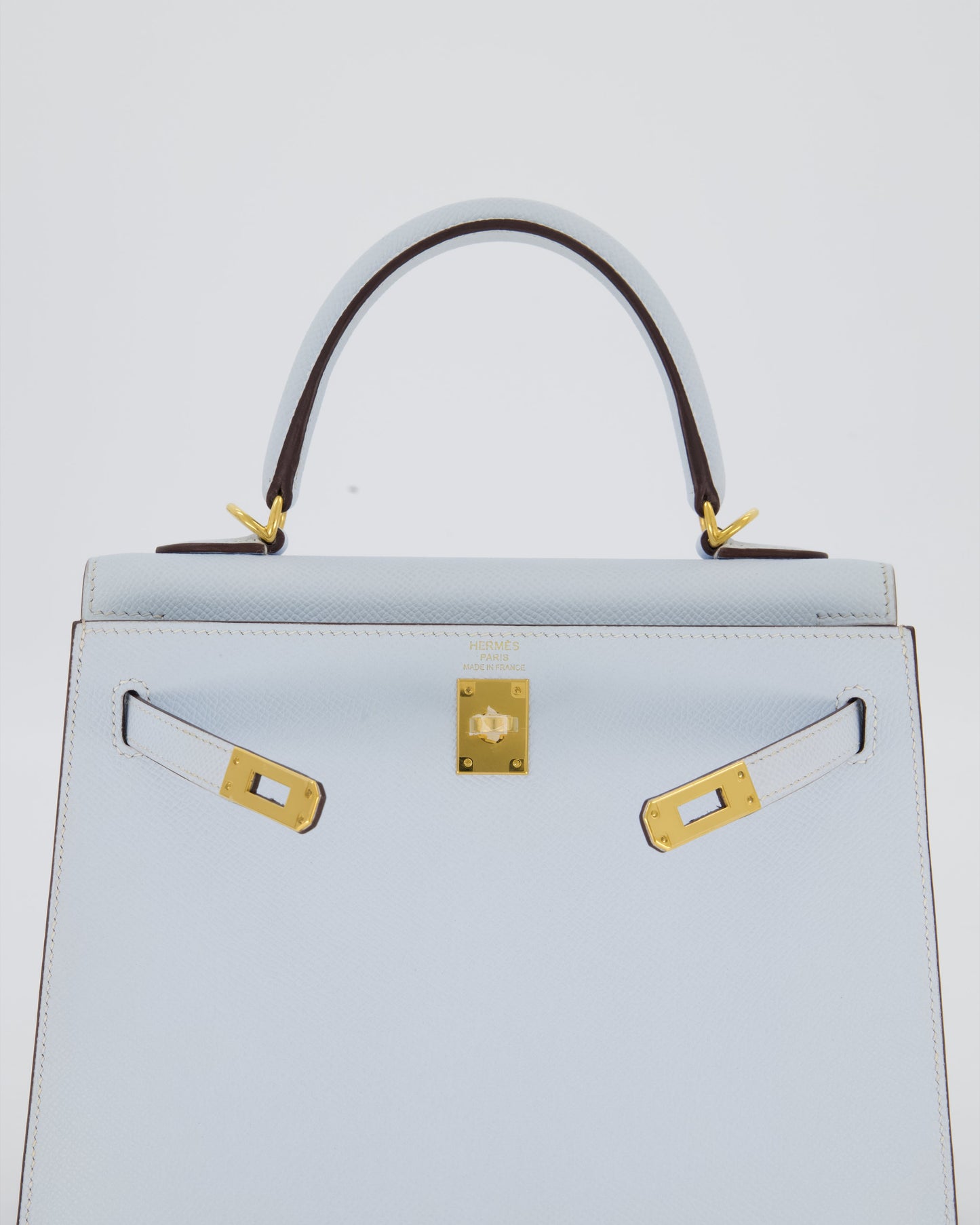 Hermes Kelly 25 Sellier Bag in Bleu Brume Epsom Leather with Gold Hardware