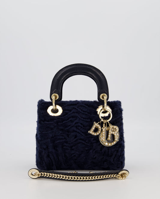 Christian Dior Mini Lady Dior Bag in Navy Astrakhan Fur with Python Leather Handle and Gold and Crystal Hardware