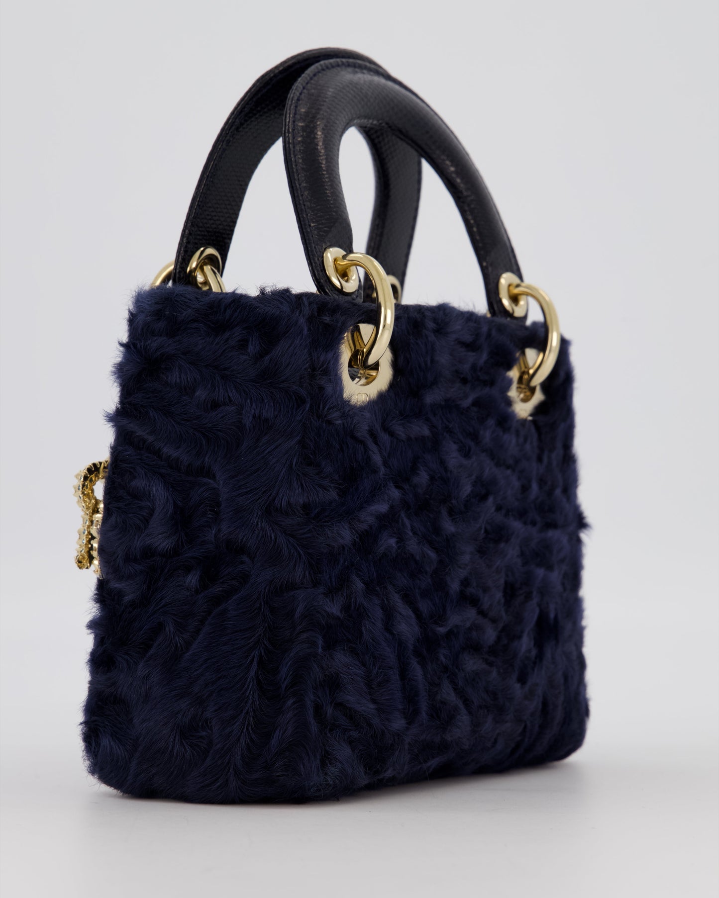 Christian Dior Mini Lady Dior Bag in Navy Astrakhan Fur with Python Leather Handle and Gold and Crystal Hardware