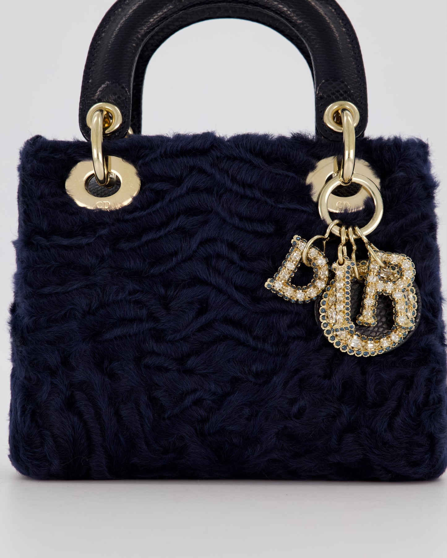 Christian Dior Mini Lady Dior Bag in Navy Astrakhan Fur with Python Leather Handle and Gold and Crystal Hardware
