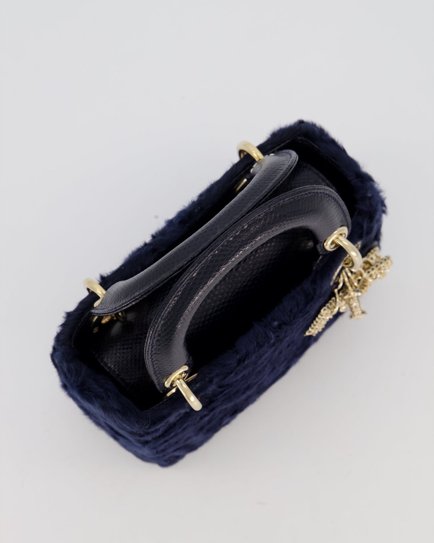 Christian Dior Mini Lady Dior Bag in Navy Astrakhan Fur with Python Leather Handle and Gold and Crystal Hardware
