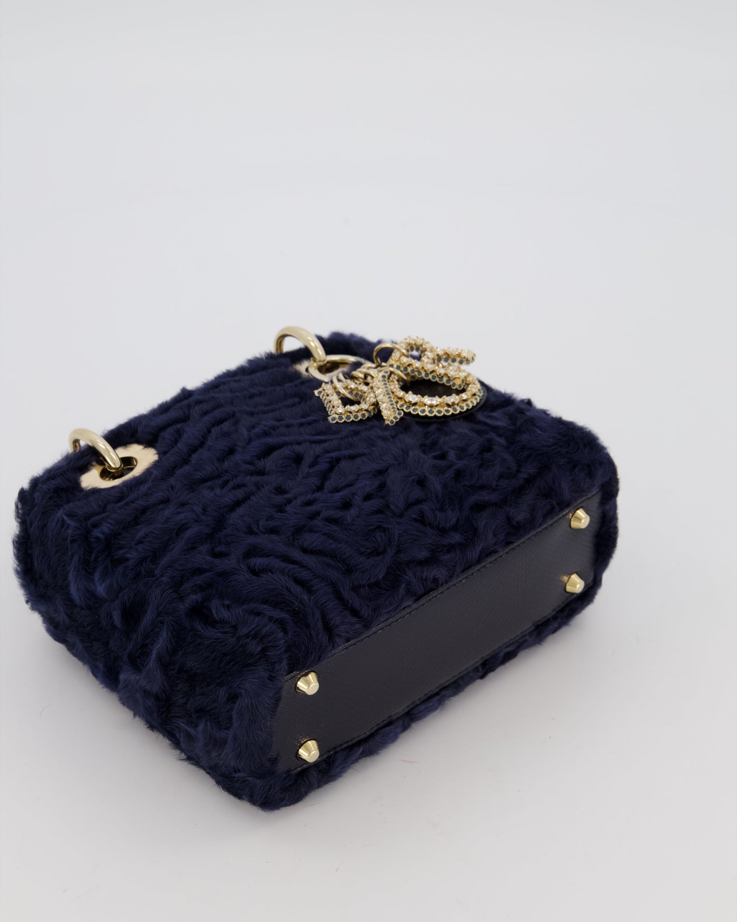 Christian Dior Mini Lady Dior Bag in Navy Astrakhan Fur with Python Leather Handle and Gold and Crystal Hardware