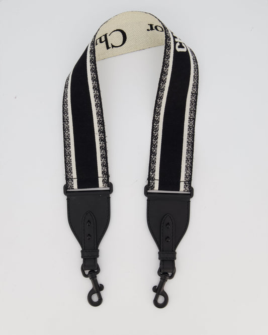 Christian Dior Black Ecru Canvas Guitar Bag Strap with Black Metal Hardware & Black Leather