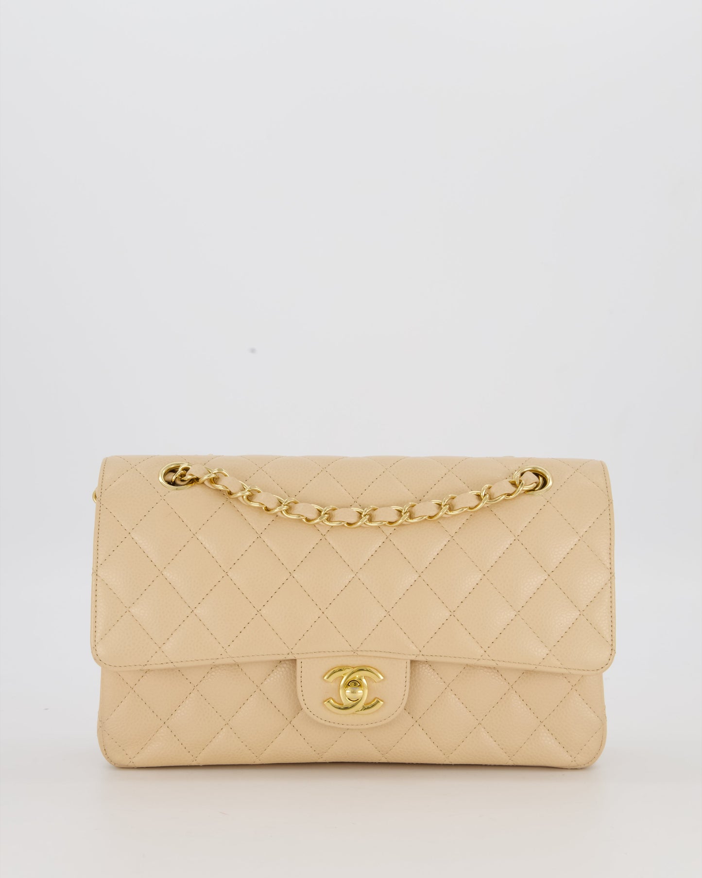 Chanel Medium Classic Double Flap Bag in Beige Clair Caviar Leather with Gold Hardware