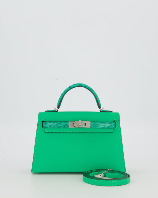*RARE* Hermes Mini Kelly II 20 Touch Bag in Vert Comics Madame and Vert Jade Niloticus Lizard Leather with Palladium Hardware
