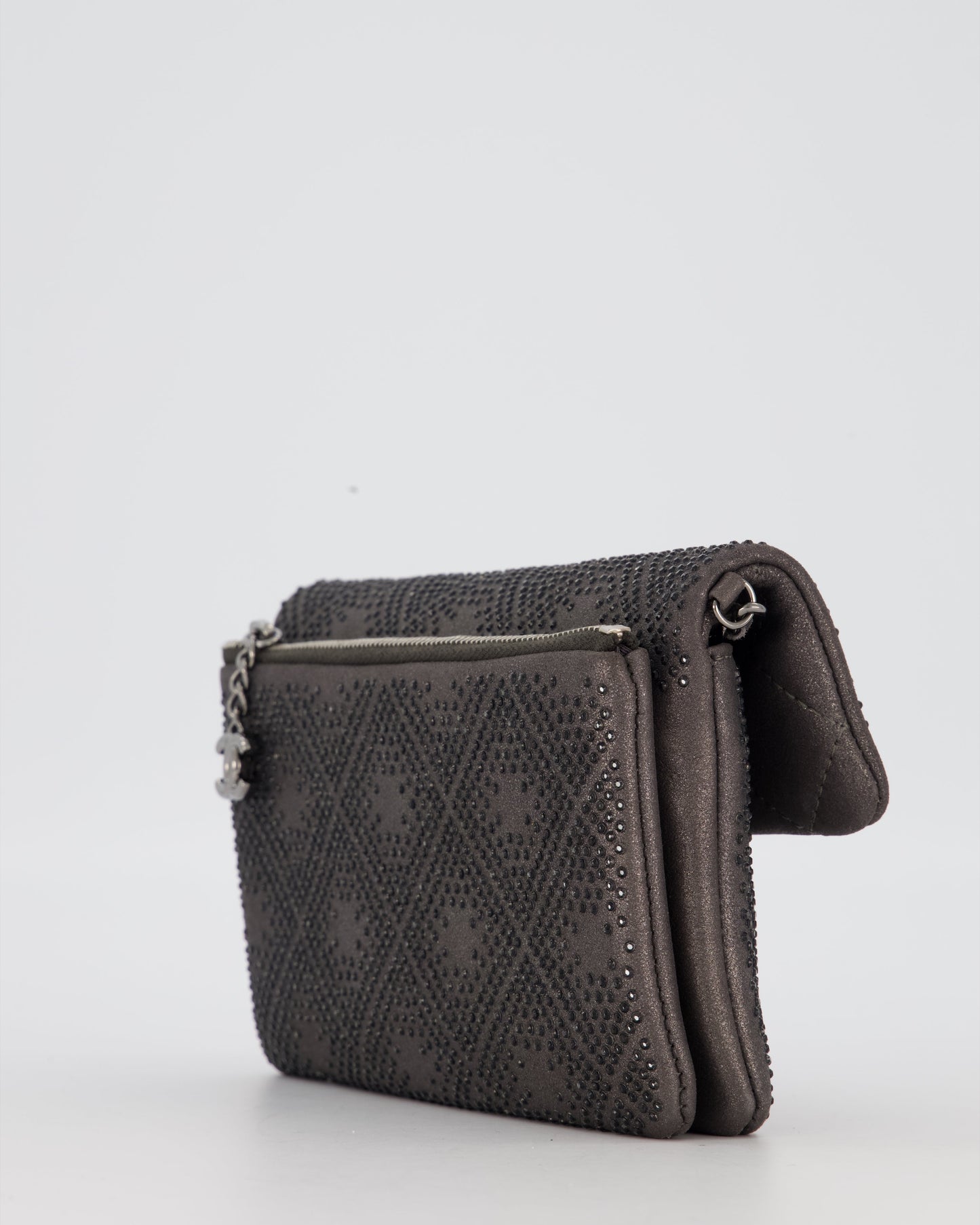 Chanel Grey Embellished Rhinestones Mini Flap Bag in Suede Leather With Gunmetal Hardware