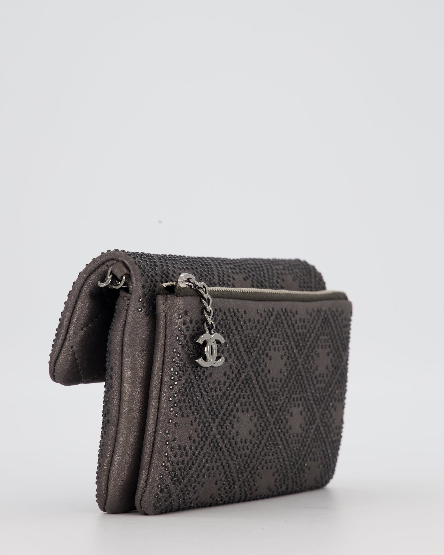 Chanel Grey Embellished Rhinestones Mini Flap Bag in Suede Leather With Gunmetal Hardware