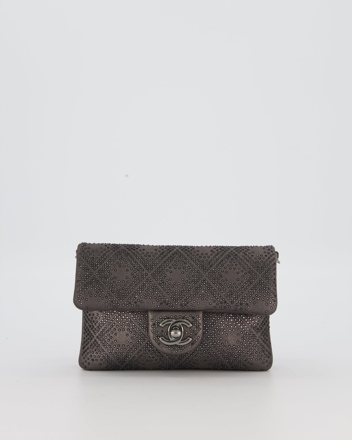 Chanel Grey Embellished Rhinestones Mini Flap Bag in Suede Leather With Gunmetal Hardware