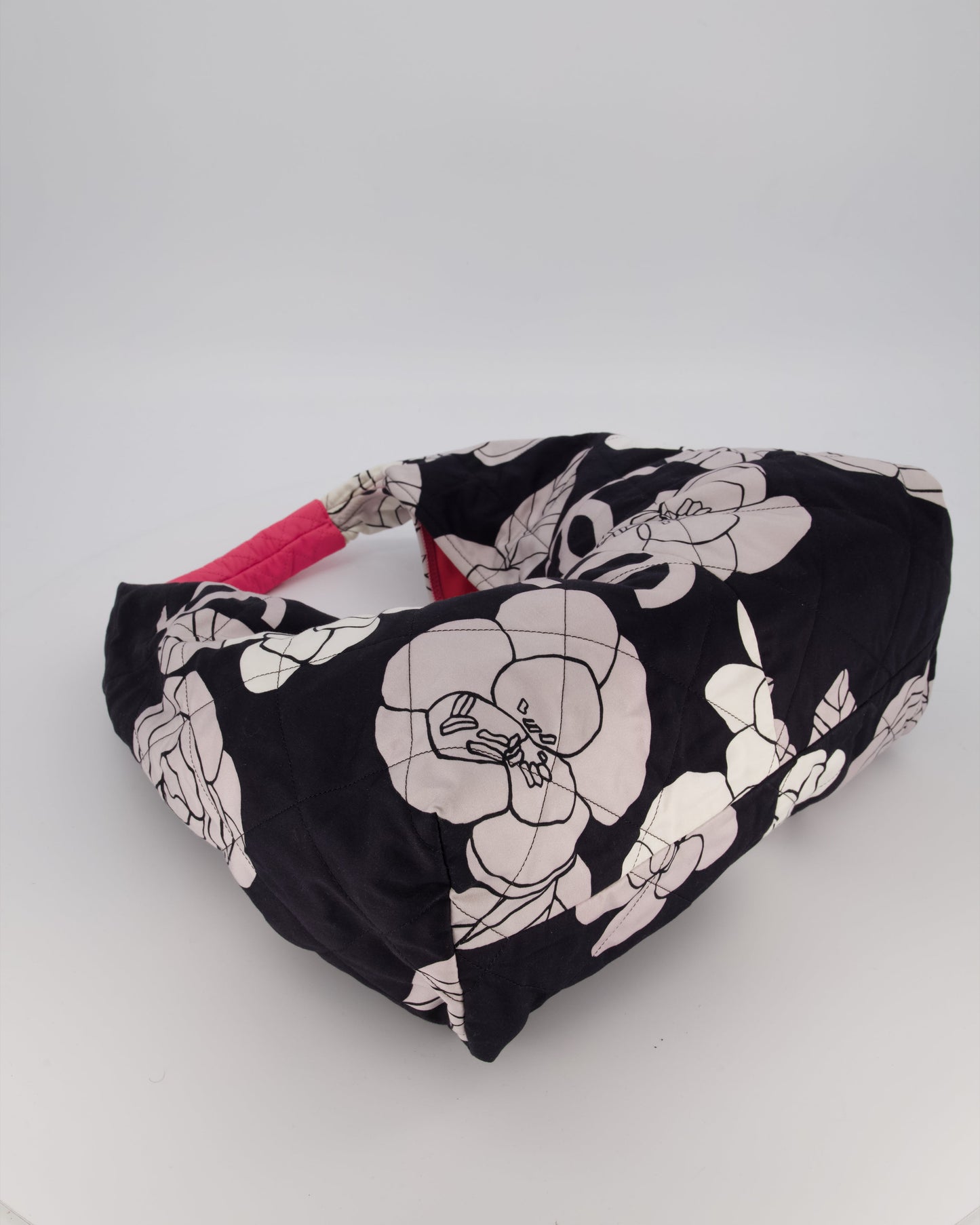 Chanel Black and White Camellia Large Hobo Bag in Fabric with Pink Interior and Gold Hardware