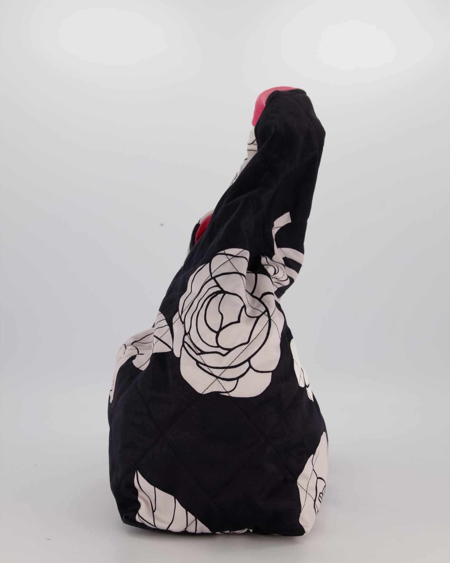 Chanel Black and White Camellia Large Hobo Bag in Fabric with Pink Interior and Gold Hardware