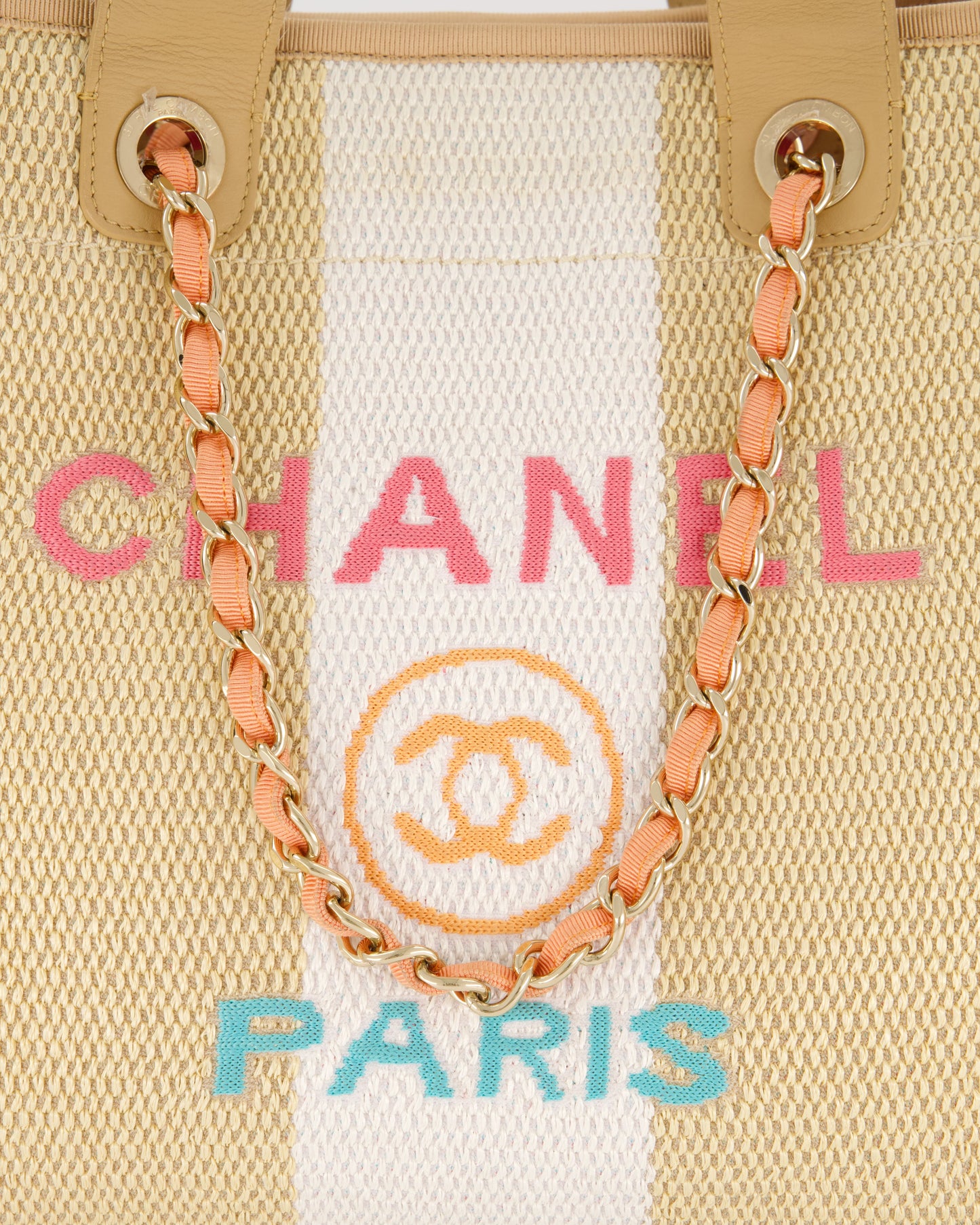 *HOT* Chanel Beige, Black and White Raffia Medium Deauville Tote Bag with Pastel Logo and Champagne Gold Hardware