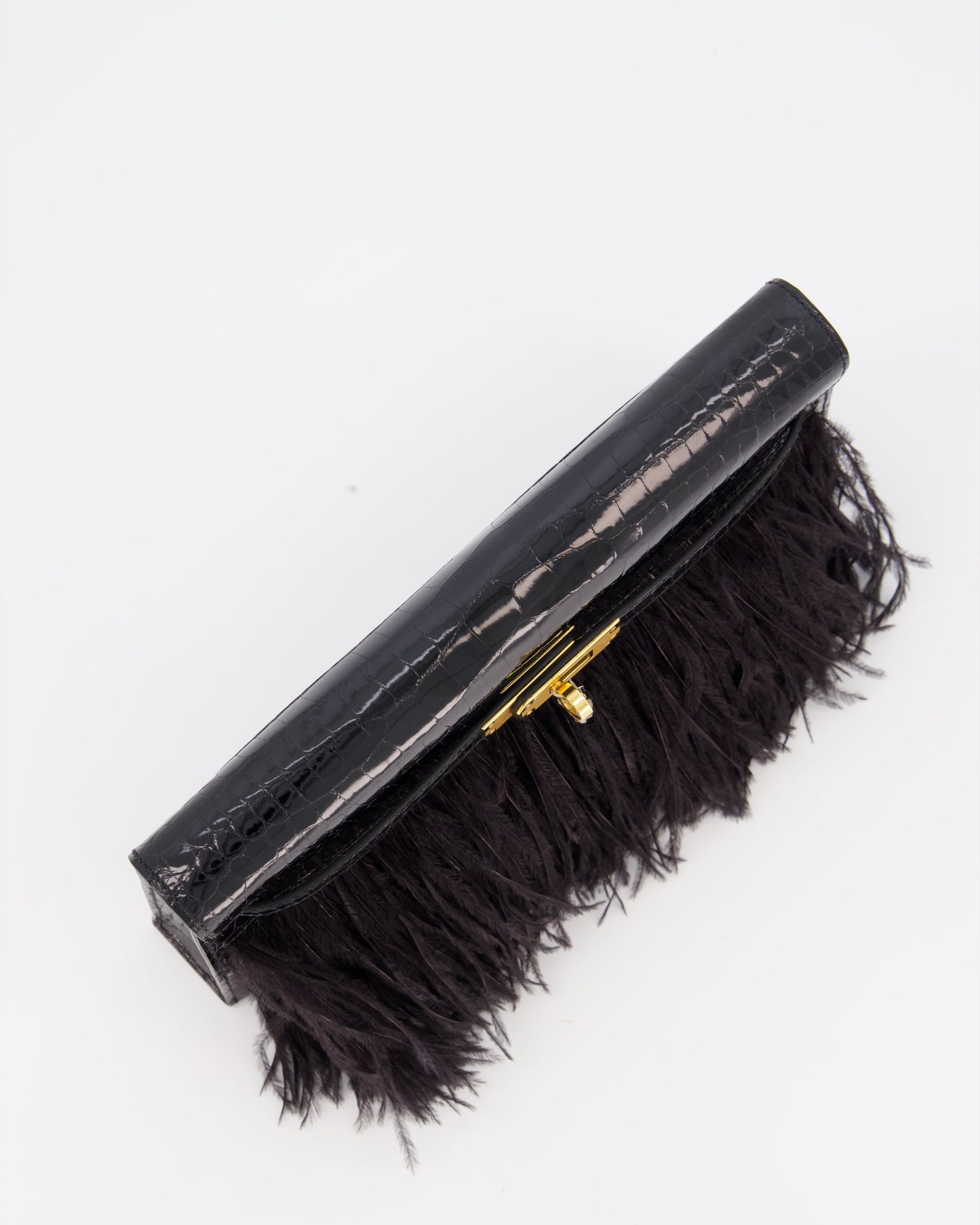 Hermes Kelly Elan Folie Bag in Noir Crocodile Porosus Lisse Leather, Noir Plumes with Gold Hardware