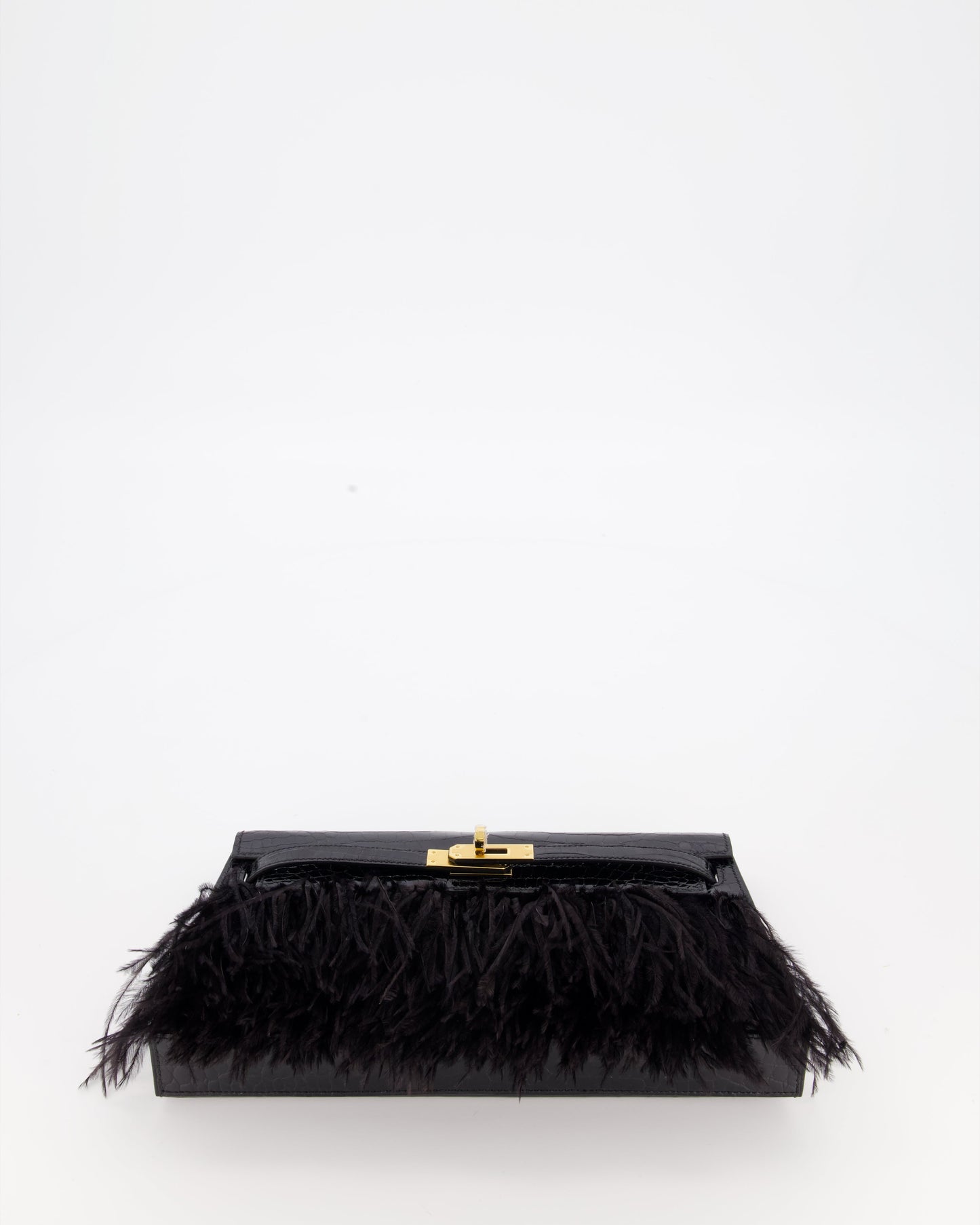 Hermes Kelly Elan Folie Bag in Noir Crocodile Porosus Lisse Leather, Noir Plumes with Gold Hardware