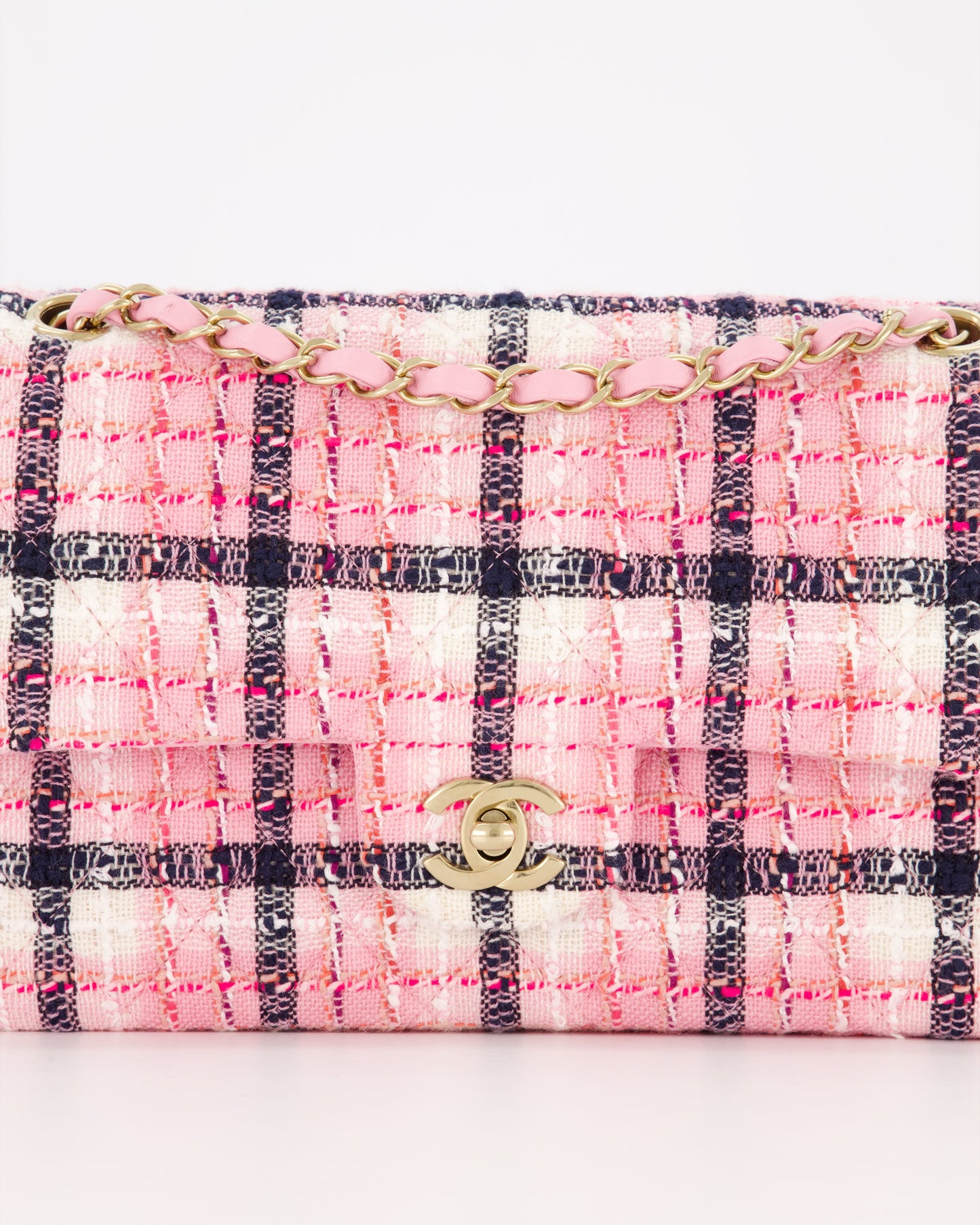 Chanel White, Pink & Black Multicolour Tweed Medium Classic Double Flap Bag with Champagne Gold Hardware