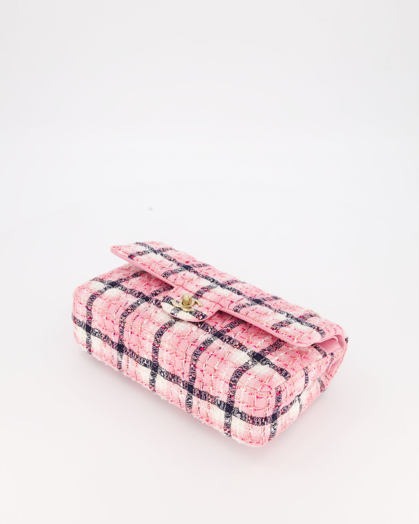 Chanel White, Pink & Black Multicolour Tweed Medium Classic Double Flap Bag with Champagne Gold Hardware