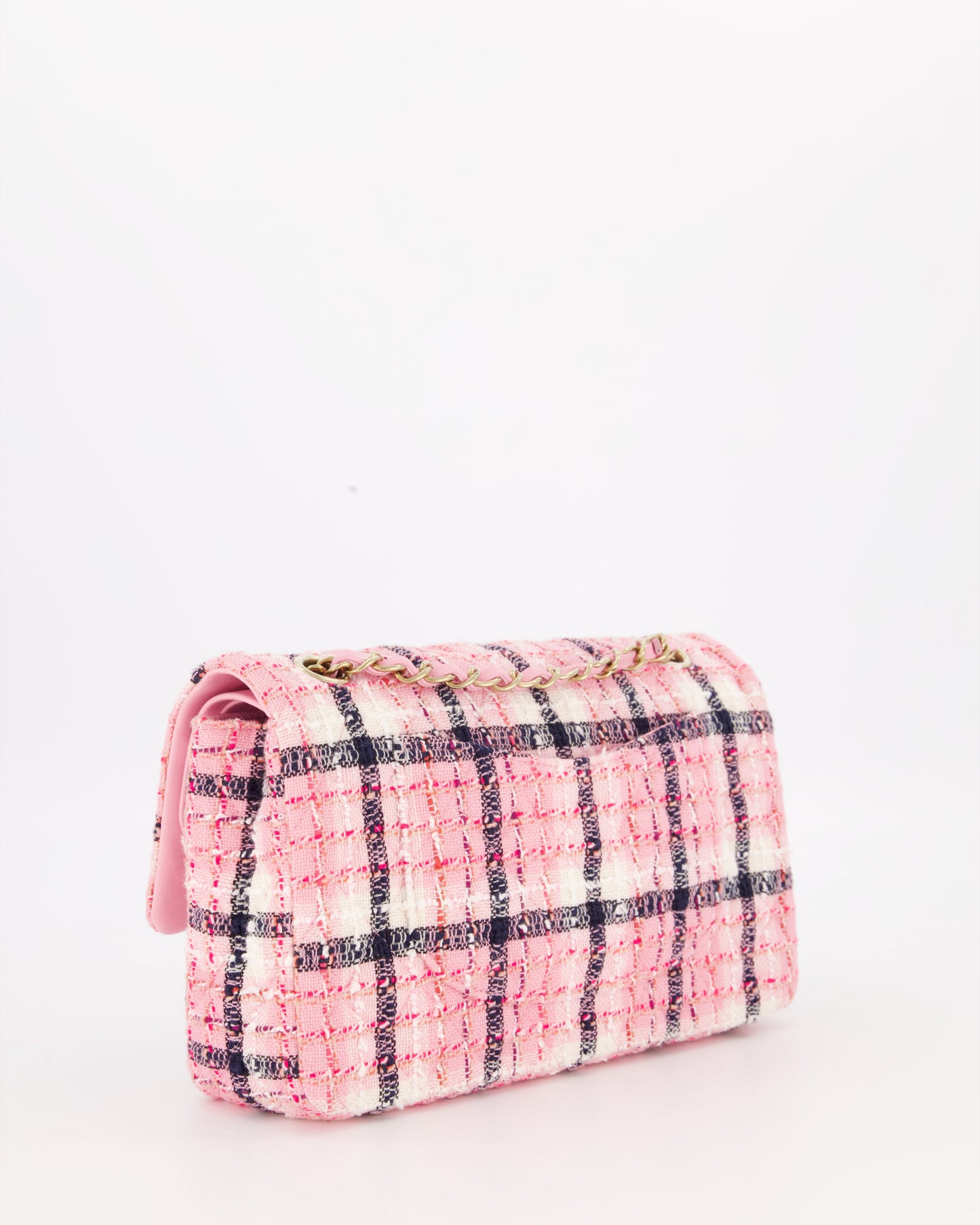 Chanel White, Pink & Black Multicolour Tweed Medium Classic Double Flap Bag with Champagne Gold Hardware