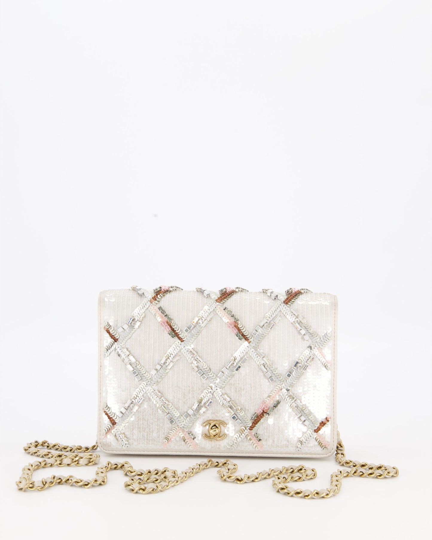 Chanel Silver Cruise Wallet on Chain Bag in Lambskin Leather with Sequin Embroidered and Champagne Gold Hardware