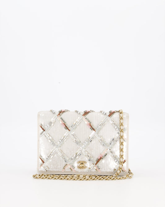 Chanel Silver Cruise Wallet on Chain Bag in Lambskin Leather with Sequin Embroidered and Champagne Gold Hardware