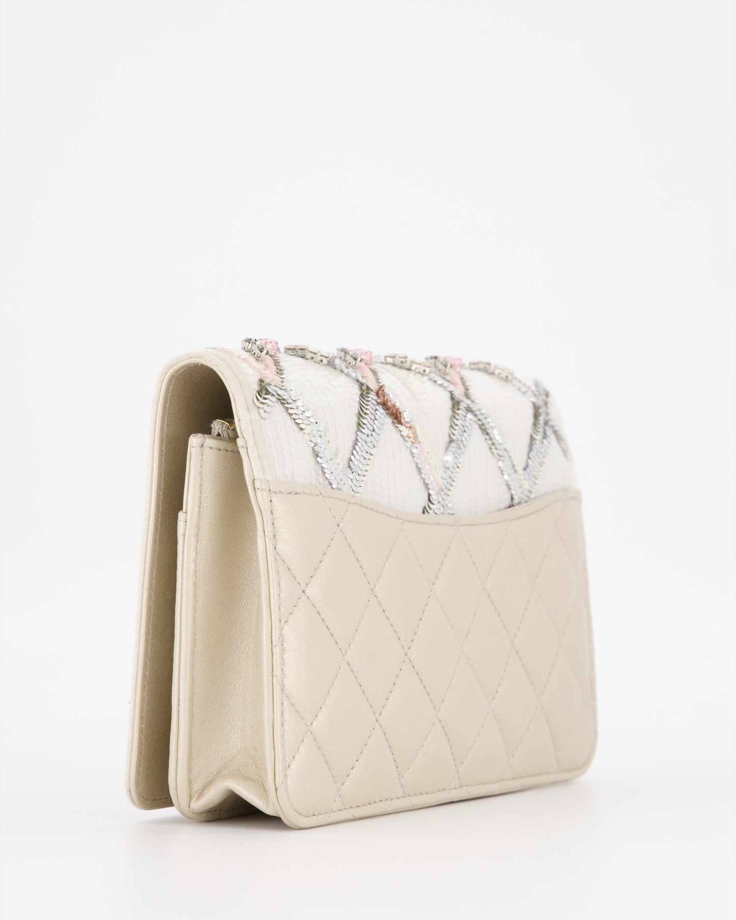Chanel Silver Cruise Wallet on Chain Bag in Lambskin Leather with Sequin Embroidered and Champagne Gold Hardware