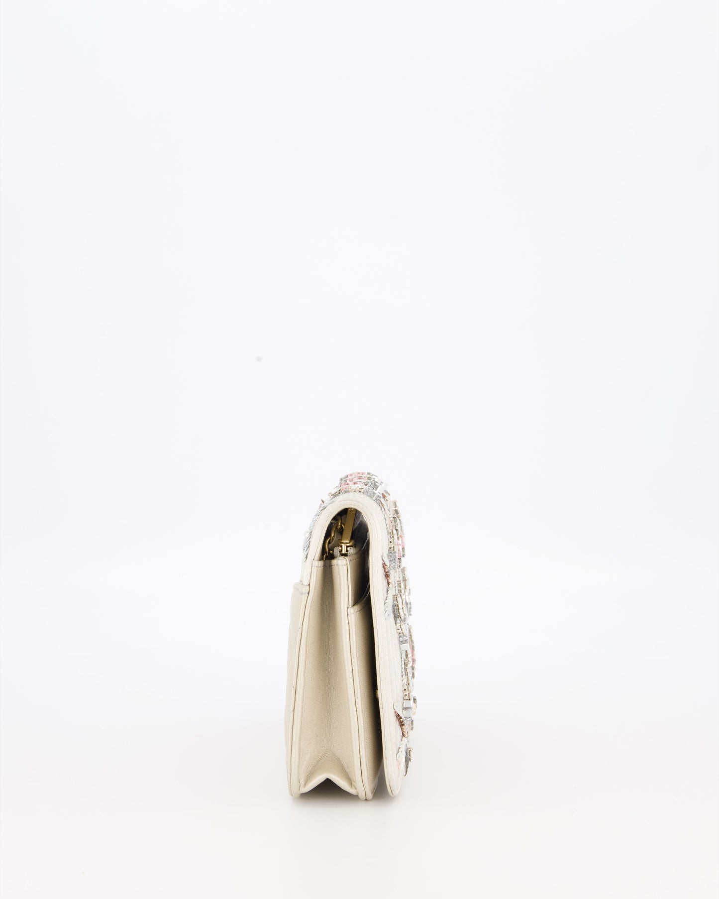 Chanel Silver Cruise Wallet on Chain Bag in Lambskin Leather with Sequin Embroidered and Champagne Gold Hardware