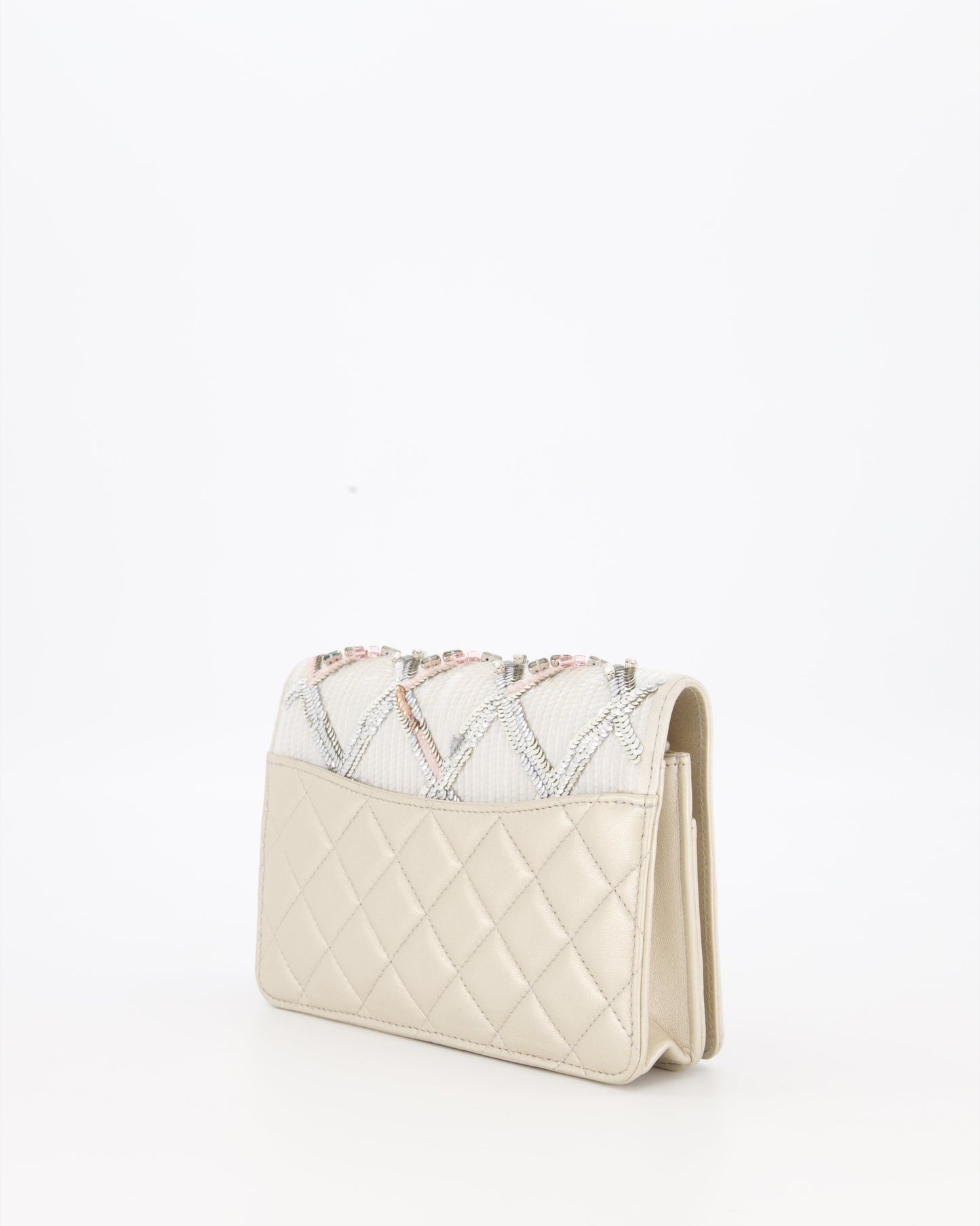 Chanel Silver Cruise Wallet on Chain Bag in Lambskin Leather with Sequin Embroidered and Champagne Gold Hardware