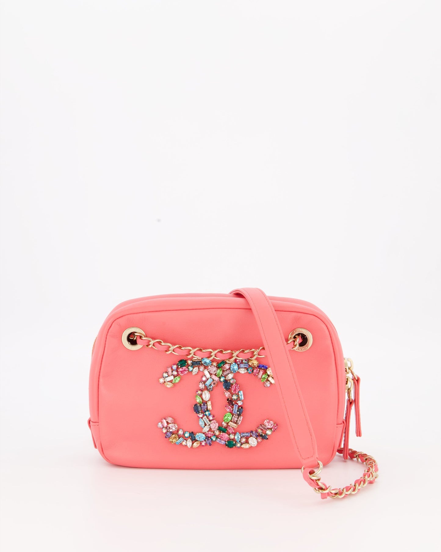 Chanel Coral Pink Small Camera Bag in Lambskin Leather with Multicolour Crystal CC Logo & Champagne Gold Hardware