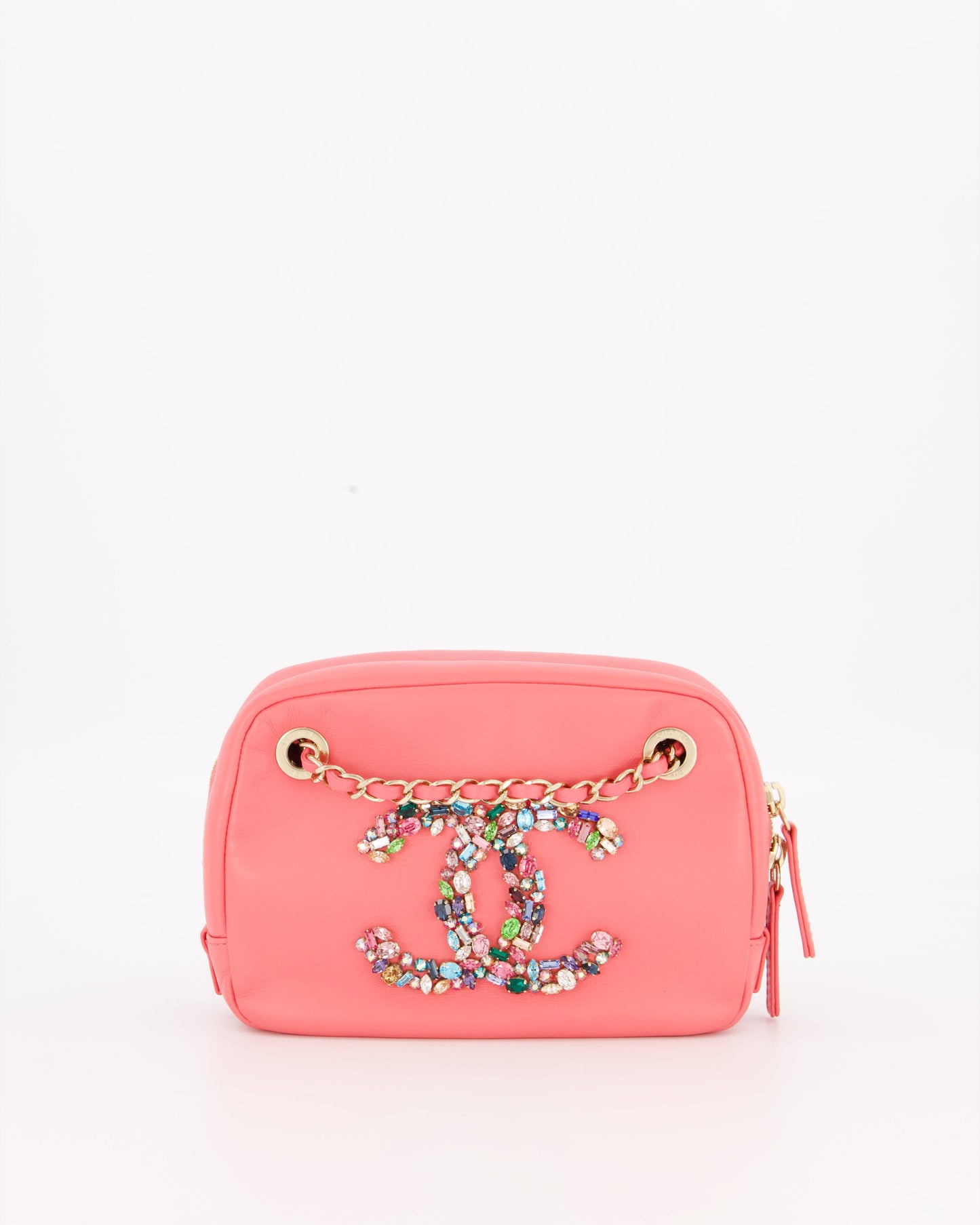 Chanel Coral Pink Small Camera Bag in Lambskin Leather with Multicolour Crystal CC Logo & Champagne Gold Hardware