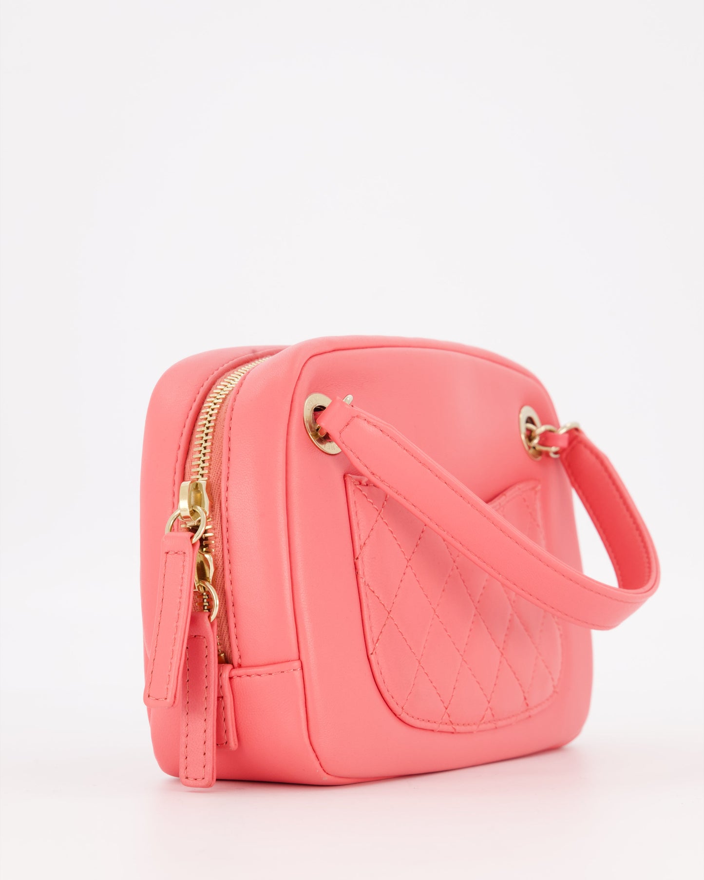 Chanel Coral Pink Small Camera Bag in Lambskin Leather with Multicolour Crystal CC Logo & Champagne Gold Hardware