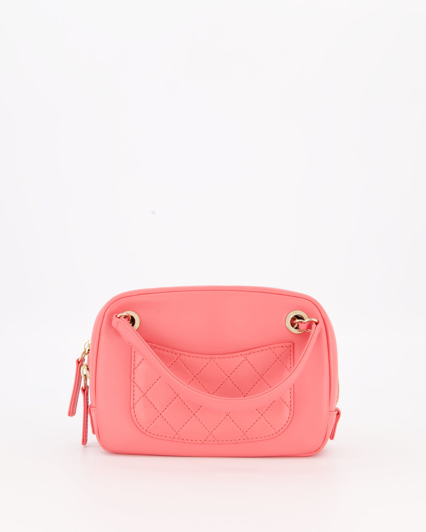 Chanel Coral Pink Small Camera Bag in Lambskin Leather with Multicolour Crystal CC Logo & Champagne Gold Hardware