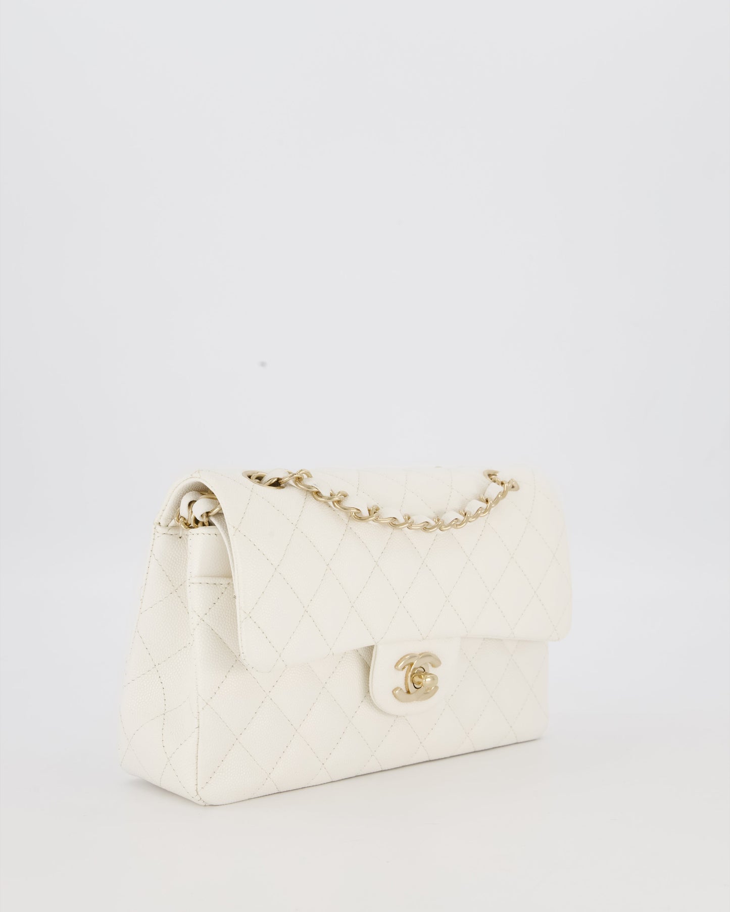Chanel Small Classic Double Flap Bag in White Caviar Leather with Champagne Gold Hardware