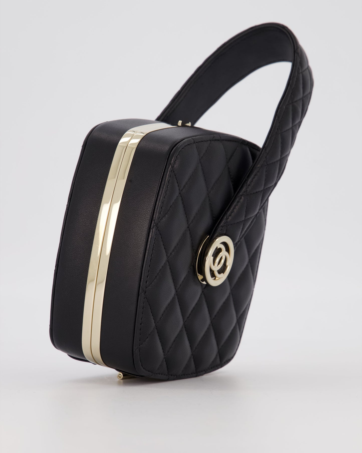 Chanel 22P Makeup Top Handle Clutch Bag in Black Lambskin with Champagne Gold Hardware and CC Logo Detail