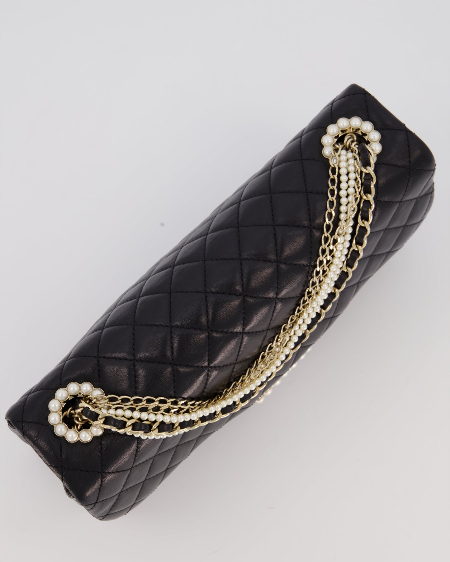 Chanel Black Medium Westminster Pearl Coco Single Flap Bag in Aged Lambskin Leather with Champagne Gold &amp; Pearl Chain and CC Lock Details