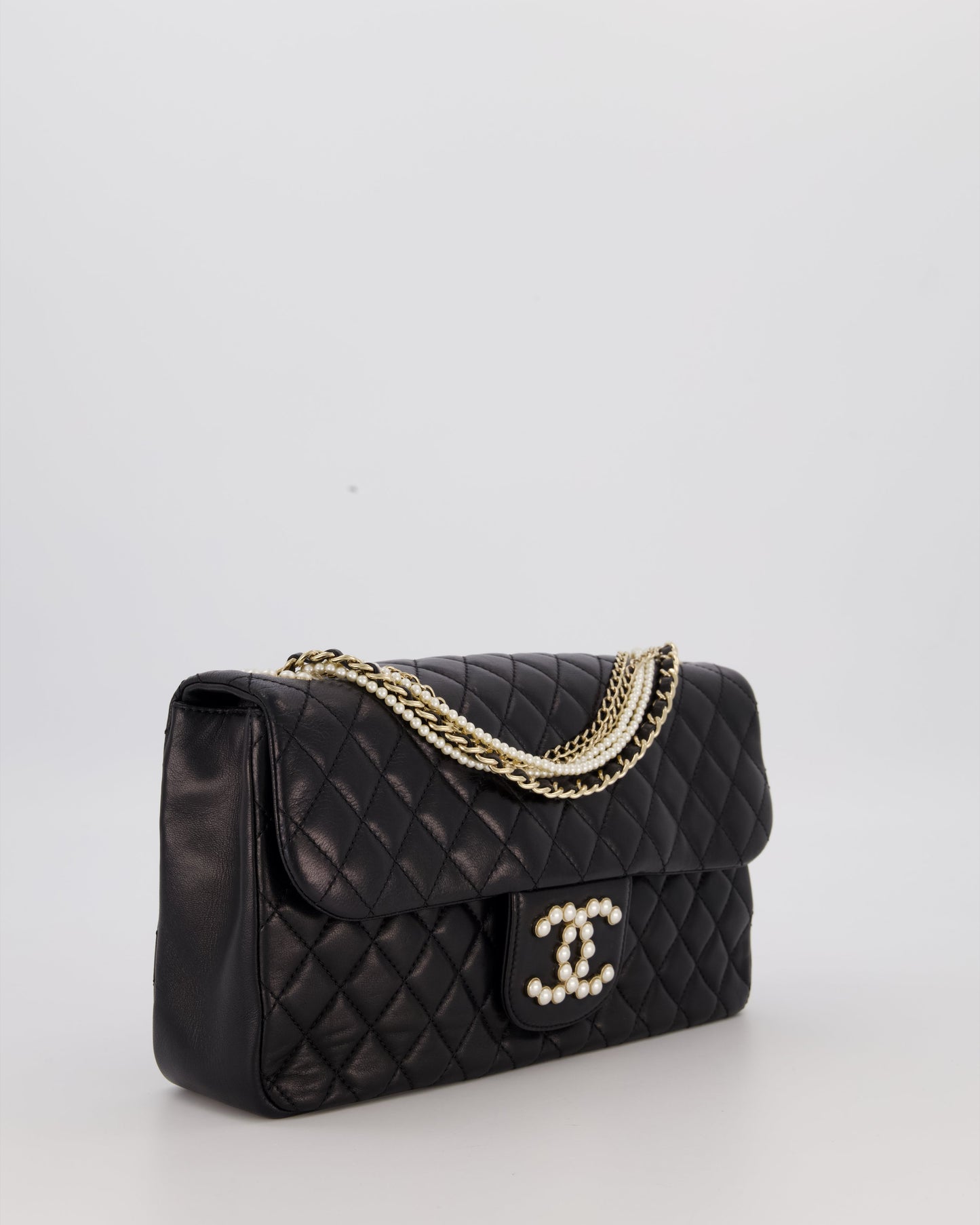 Chanel Black Medium Westminster Pearl Coco Single Flap Bag in Aged Lambskin Leather with Champagne Gold &amp; Pearl Chain and CC Lock Details