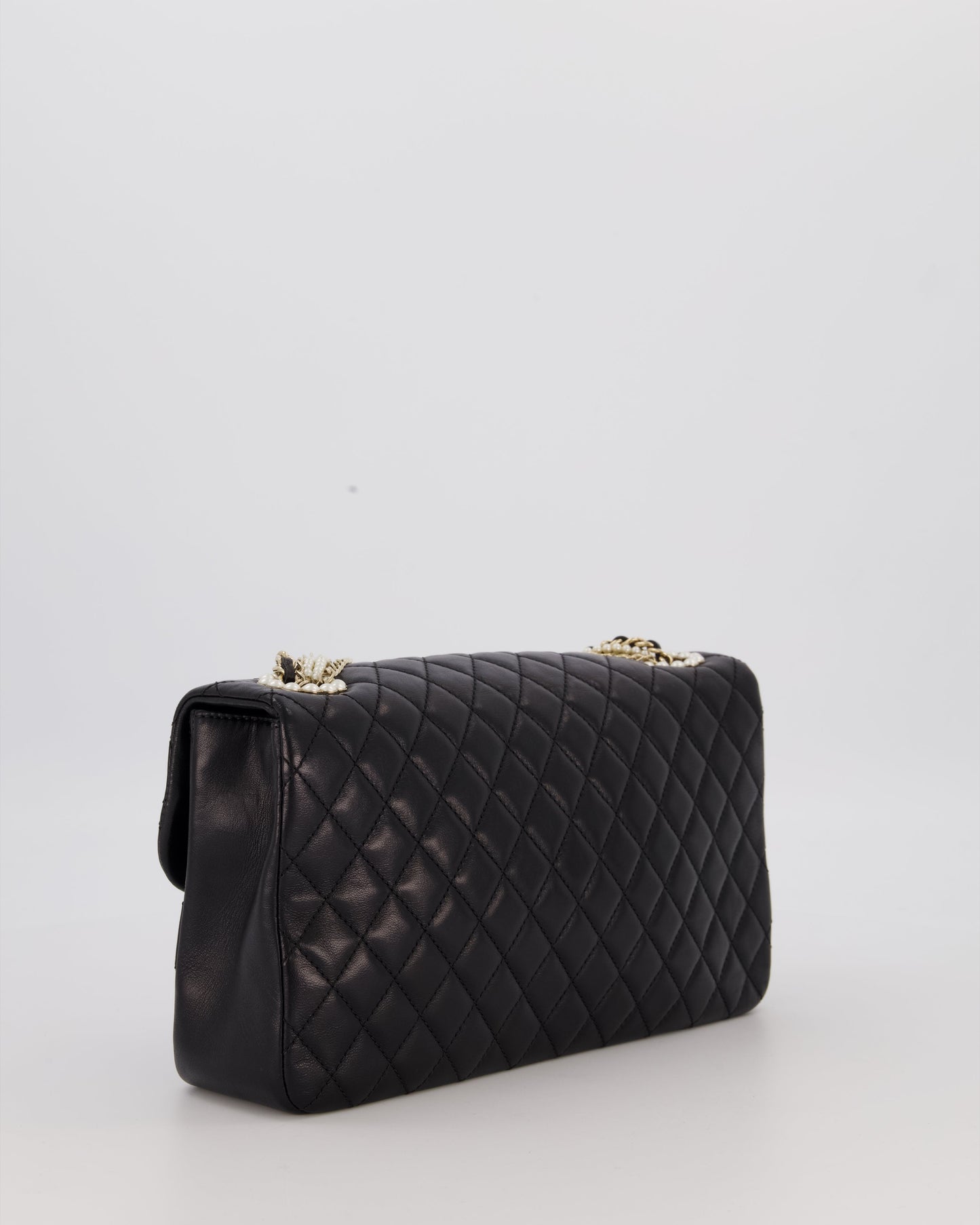 Chanel Black Medium Westminster Pearl Coco Single Flap Bag in Aged Lambskin Leather with Champagne Gold &amp; Pearl Chain and CC Lock Details