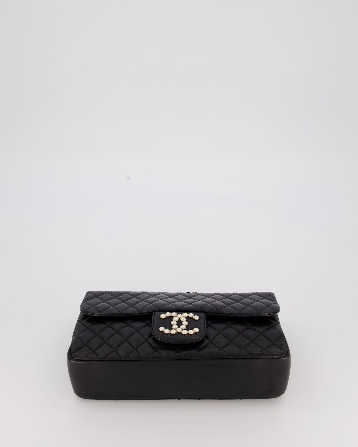Chanel Black Medium Westminster Pearl Coco Single Flap Bag in Aged Lambskin Leather with Champagne Gold &amp; Pearl Chain and CC Lock Details