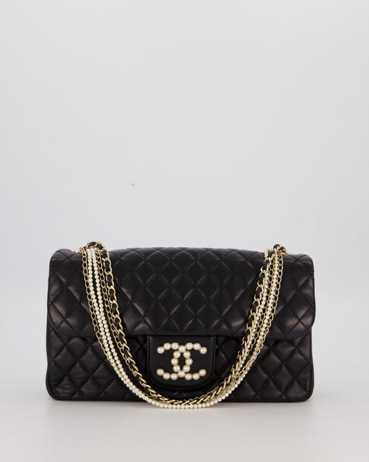 Chanel Black Medium Westminster Pearl Coco Single Flap Bag in Aged Lambskin Leather with Champagne Gold &amp; Pearl Chain and CC Lock Details