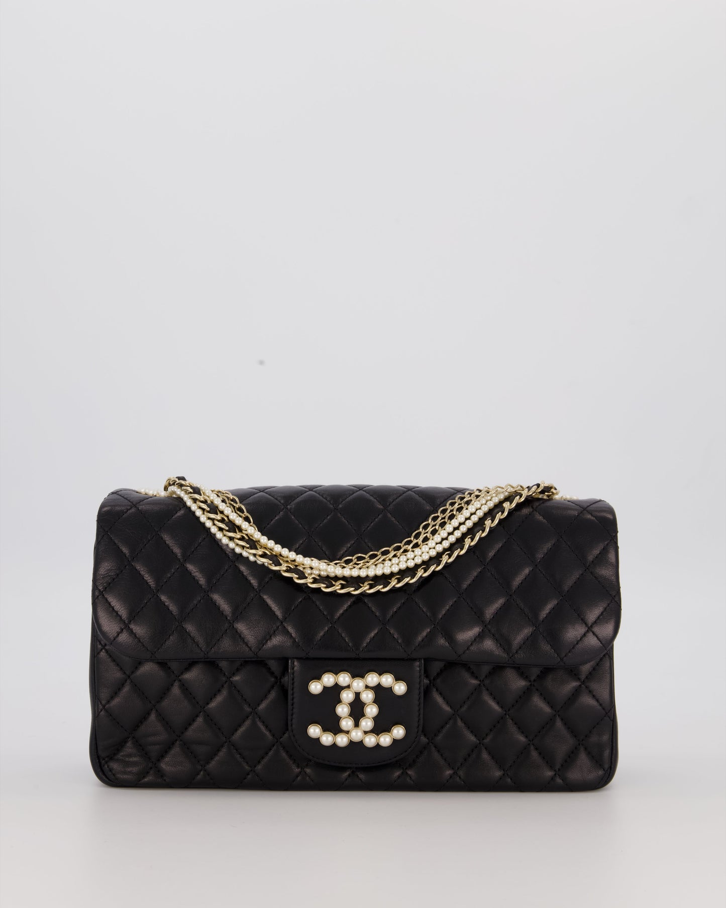 Chanel Black Medium Westminster Pearl Coco Single Flap Bag in Aged Lambskin Leather with Champagne Gold &amp; Pearl Chain and CC Lock Details