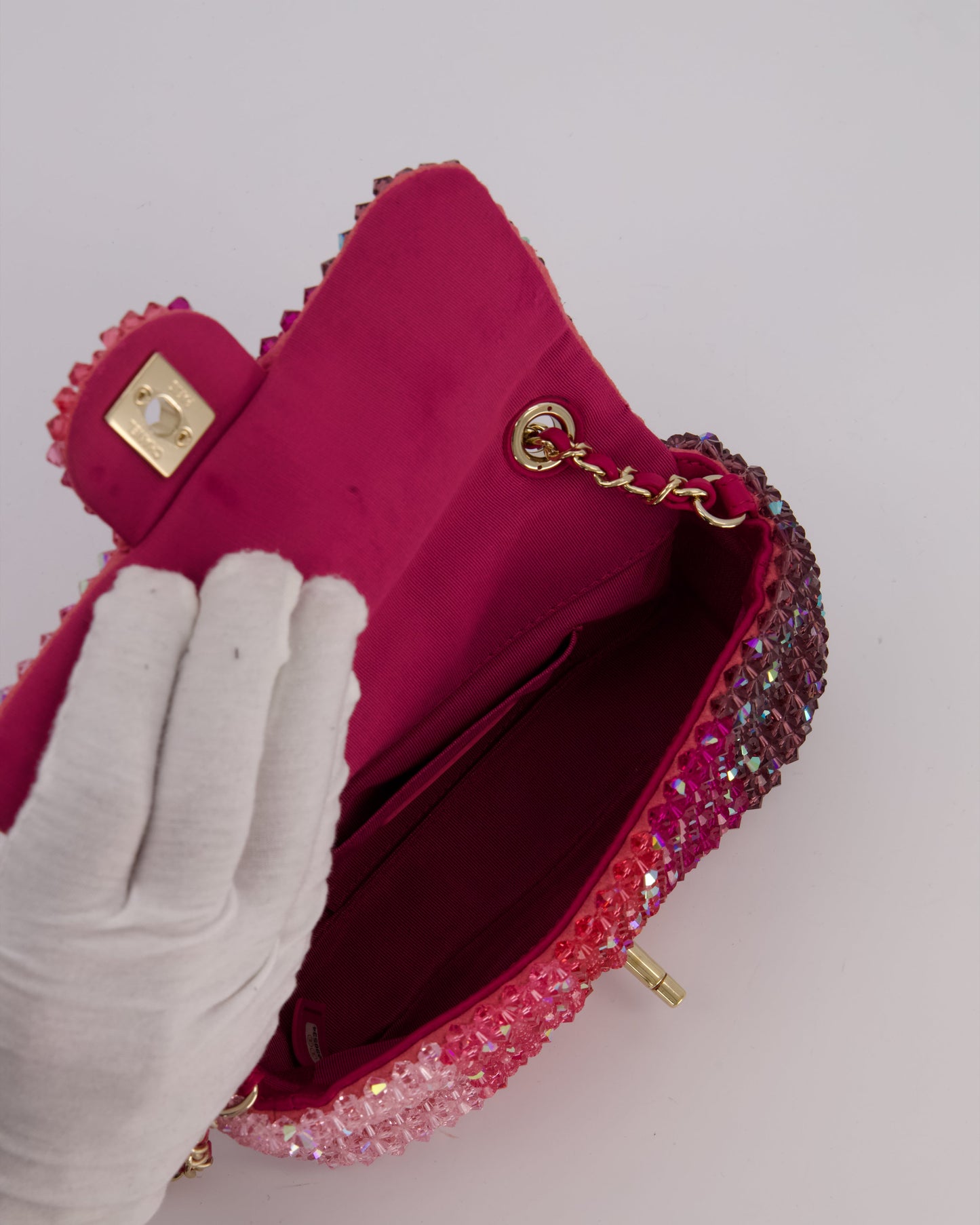 Chanel S/S 2020 Pink Ombre Mini Flap Bag with Crystal Embellishments & Champagne Gold Hardware