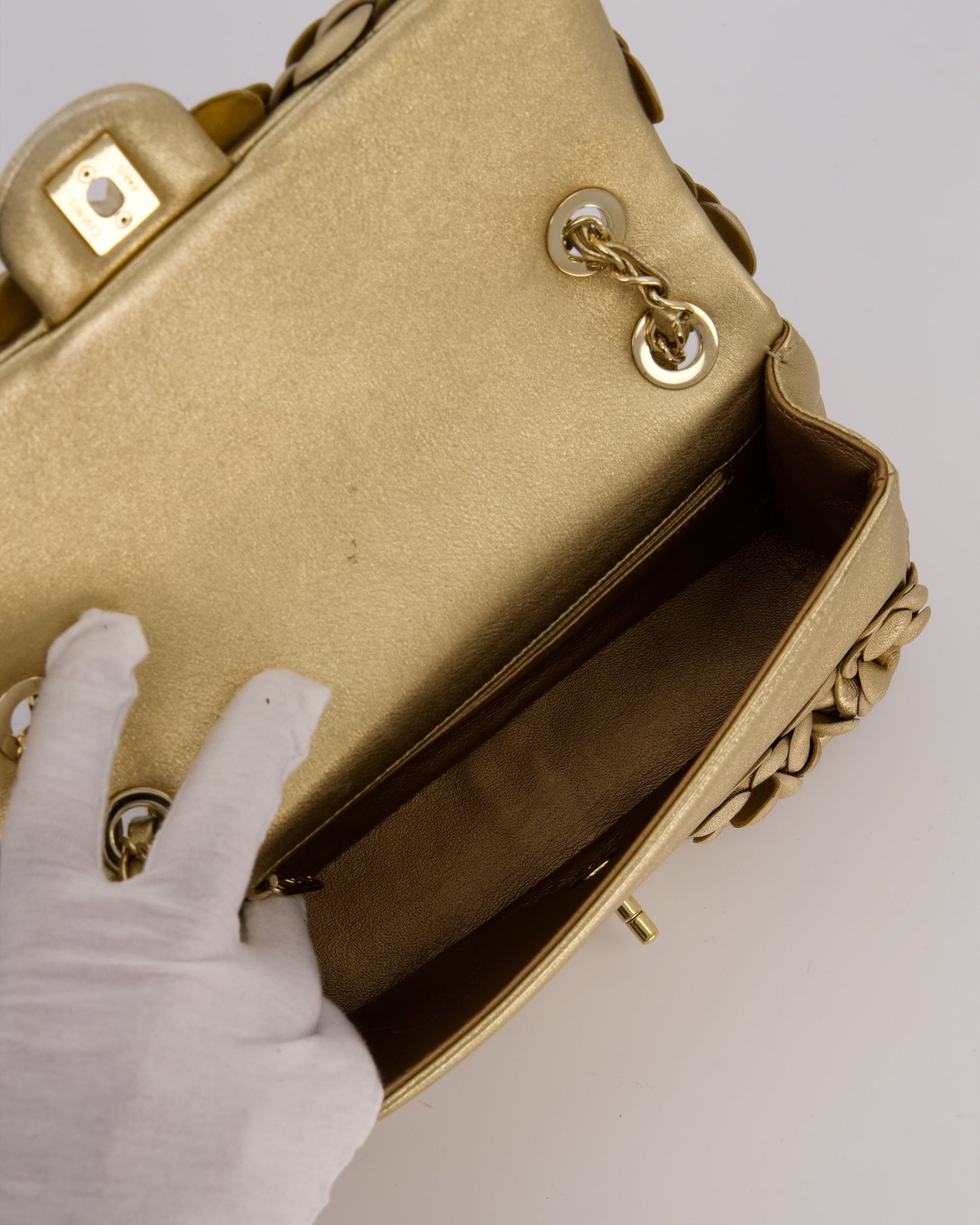 Chanel Camelia Flap Bag in Metallic Gold Lambskin Leather with Champagne Gold Hardware & Embellishment Details