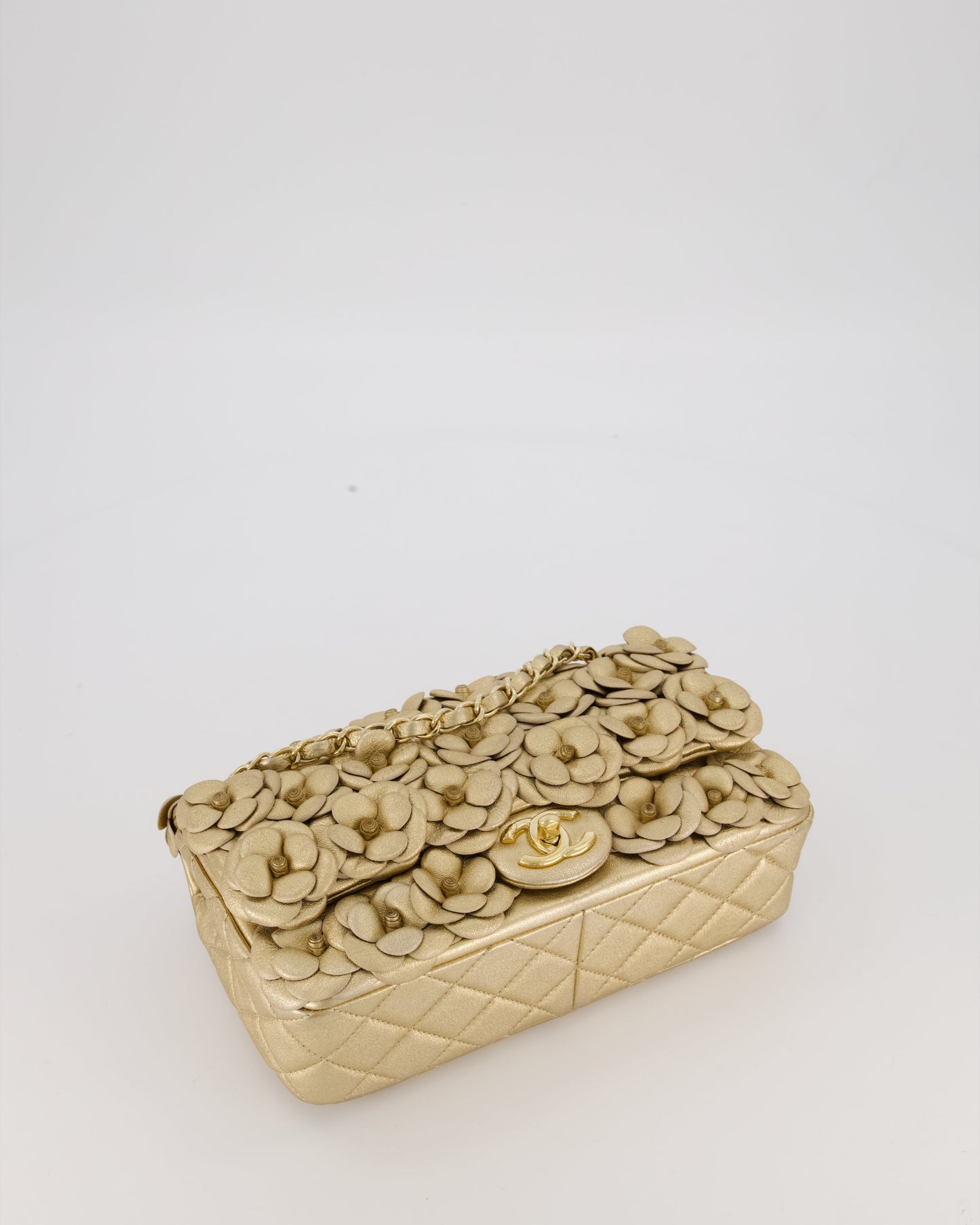 Chanel Camelia Flap Bag in Metallic Gold Lambskin Leather with Champagne Gold Hardware & Embellishment Details