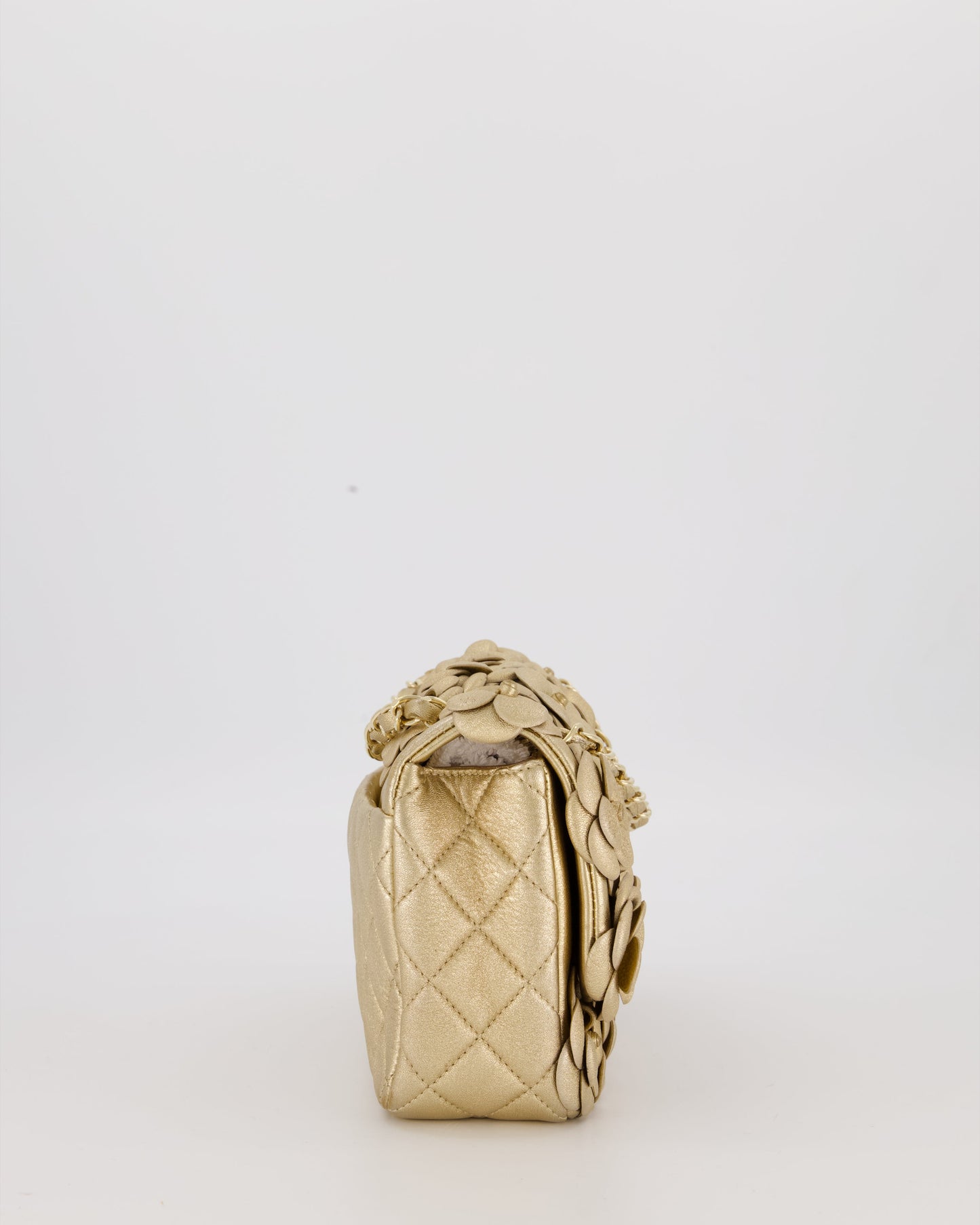 Chanel Camelia Flap Bag in Metallic Gold Lambskin Leather with Champagne Gold Hardware & Embellishment Details